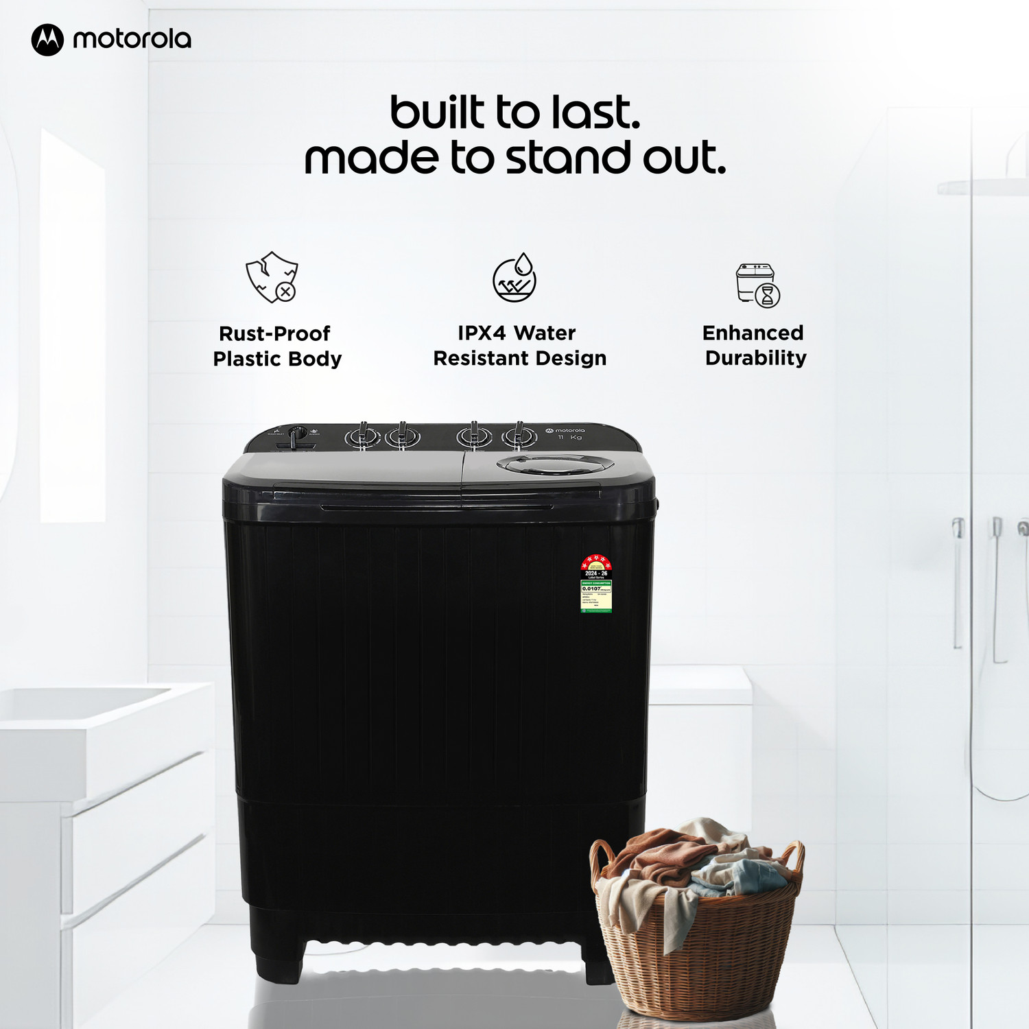 Image of MOTOROLA 11 kg Semi Automatic Top Load Washing Machine Black