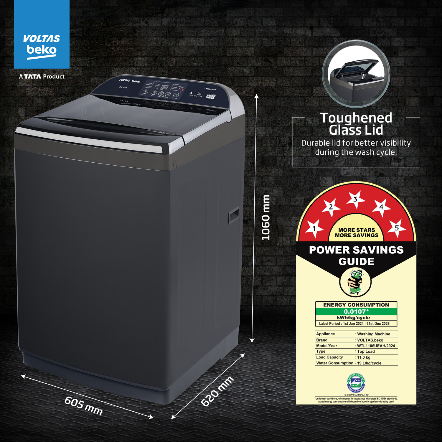 Image of Voltas Beko 11 kg Fully Automatic Top Load Washing Machine with In-built Heater Black, Grey