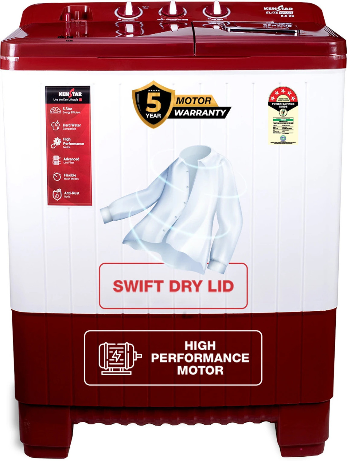 Image of Kenstar 9 kg Semi Automatic Top Load Washing Machine Red, White