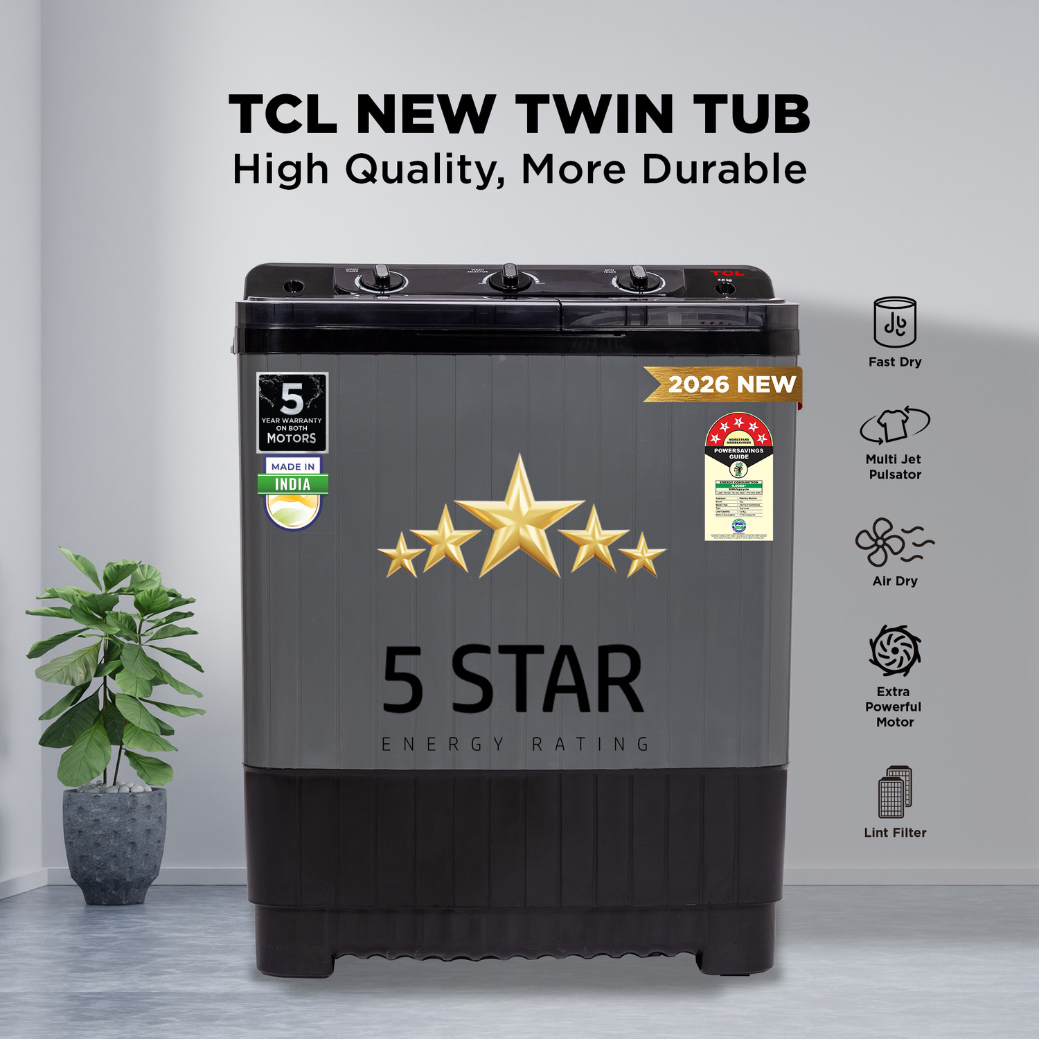Image of TCL 7 kg 5 Star with Extra Powerful Motor, Magic & Lint Filter, Multi Jet Pulsator and Fast Dry Semi Automatic Top Load Washing Machine Black