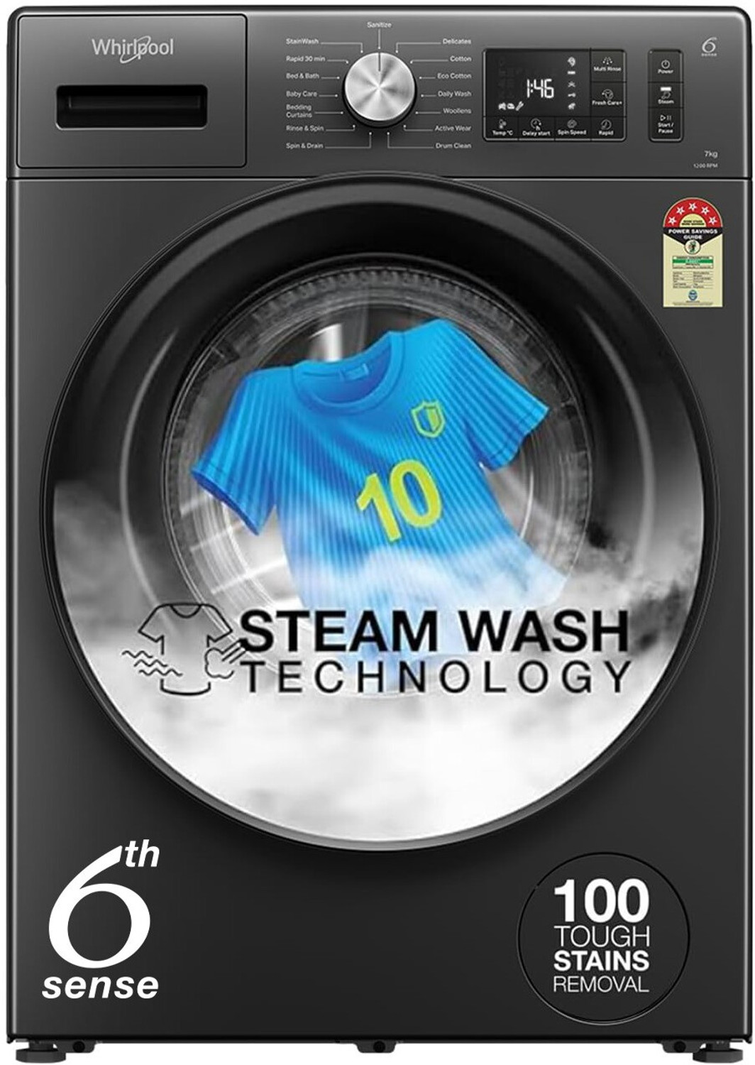Image of Whirlpool 7 kg 5 Star Inverter 100+ Tough Stains, Steam Technology, Fully Automatic Front Load Washing Machine with In-built Heater Grey