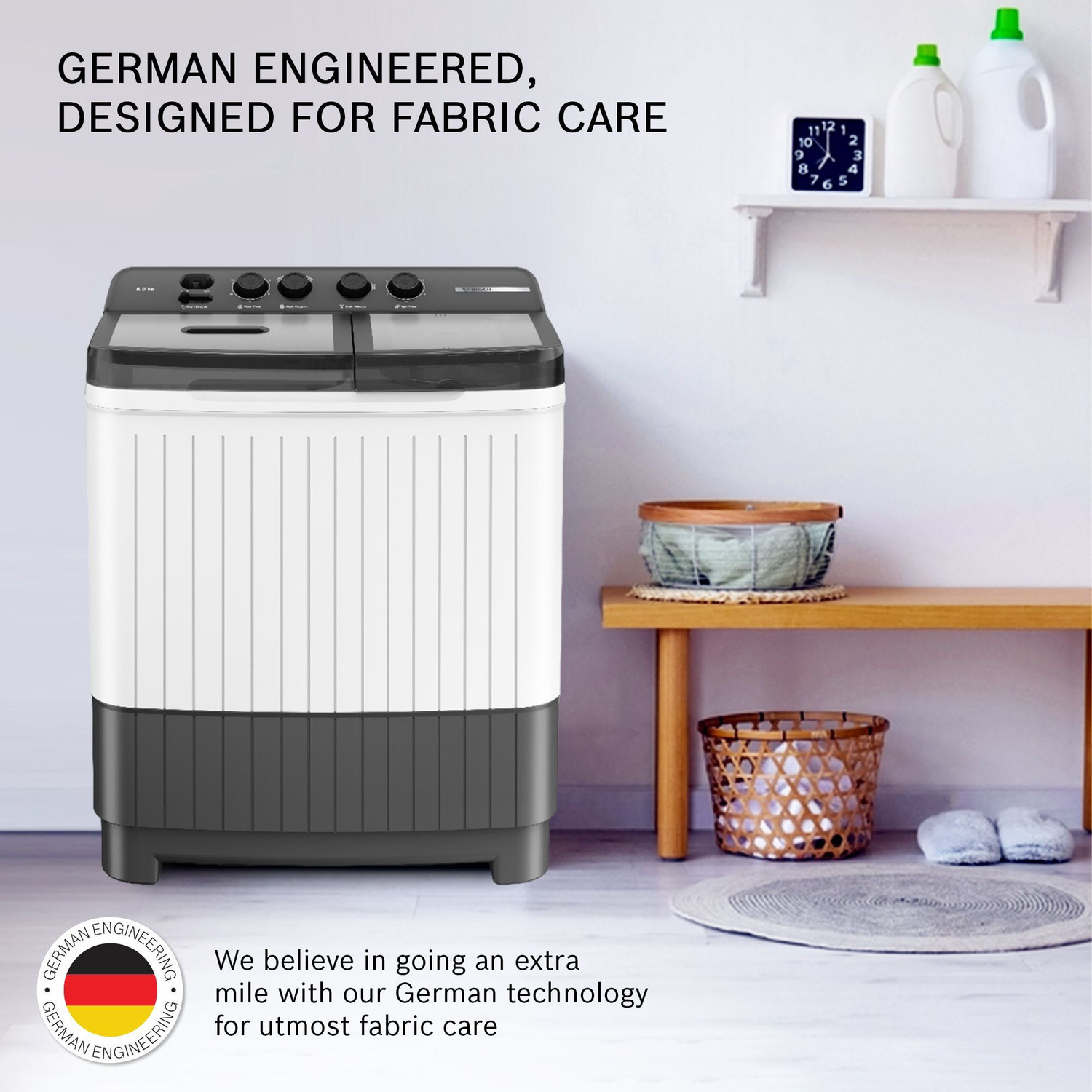 Image of BOSCH 8 kg 5 Star with Vario Pulsator, Stain Scrubber & 1360 High RPM Spin Motor Semi Automatic Top Load Washing Machine Grey, White