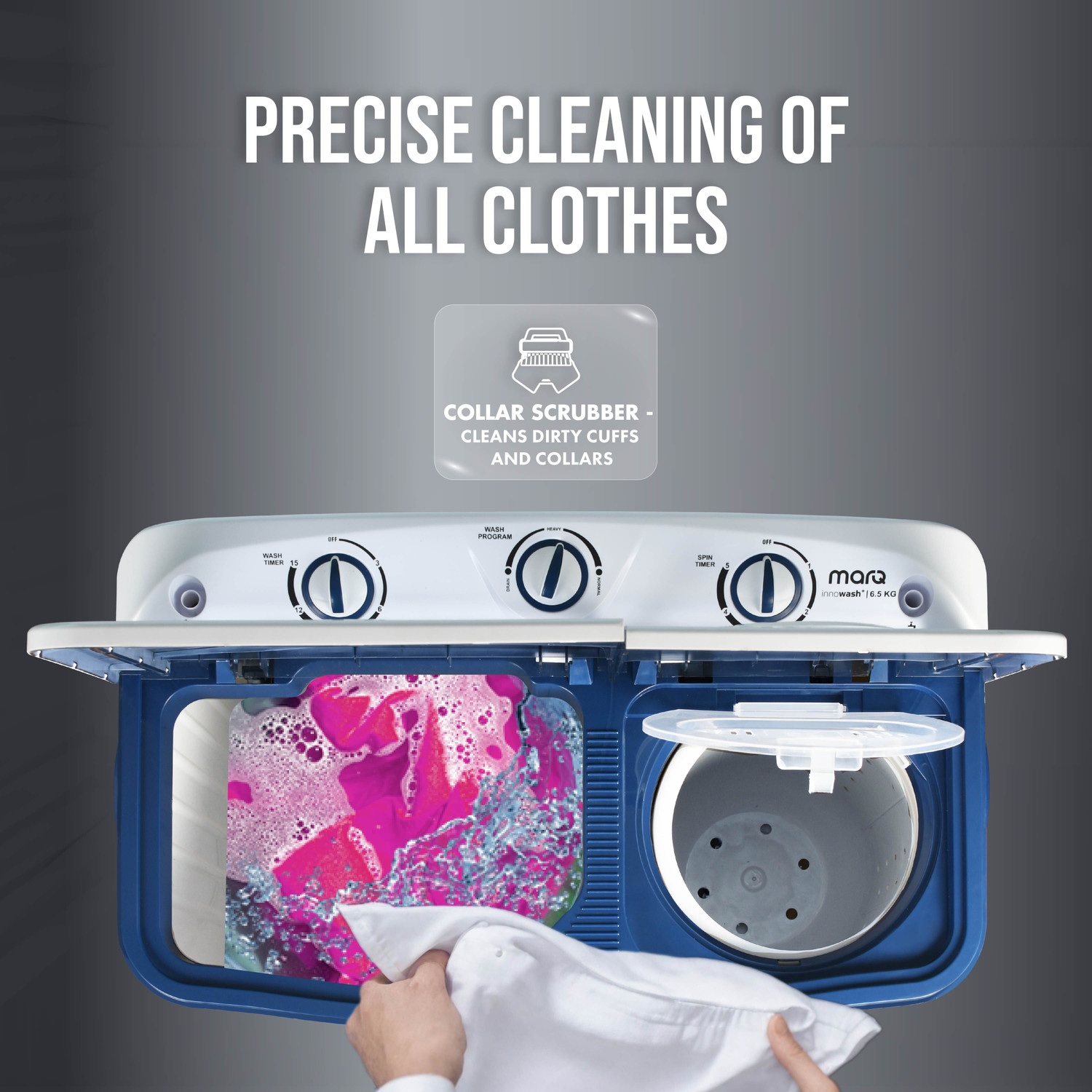 Image of MarQ by Flipkart 6.5 kg 5 Star Rating Innowash Range Semi Automatic Top Load Washing Machine Blue, White