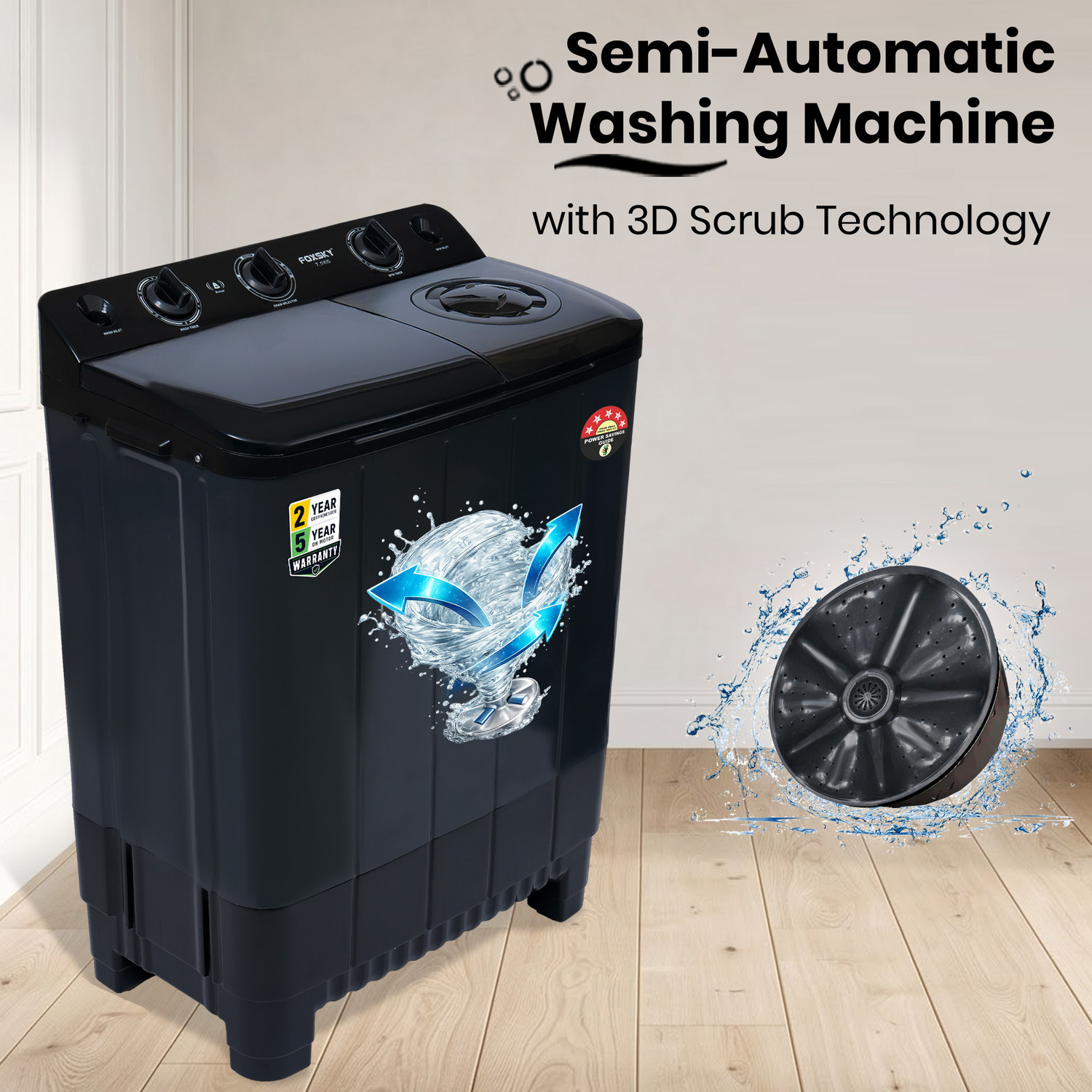 Image of FOXSKY 7.5 kg Semi Automatic Top Load Washing Machine Grey