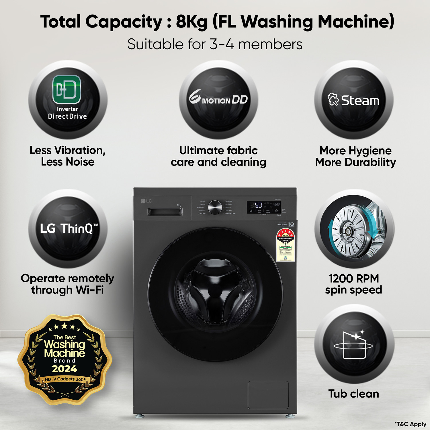 Image of LG 8 kg 5 Star, Inverter Direct Drive Technology, Wi-Fi Enabled, 6 Motion DD, Steam Fully Automatic Front Load Washing Machine with In-built Heater Grey, Black