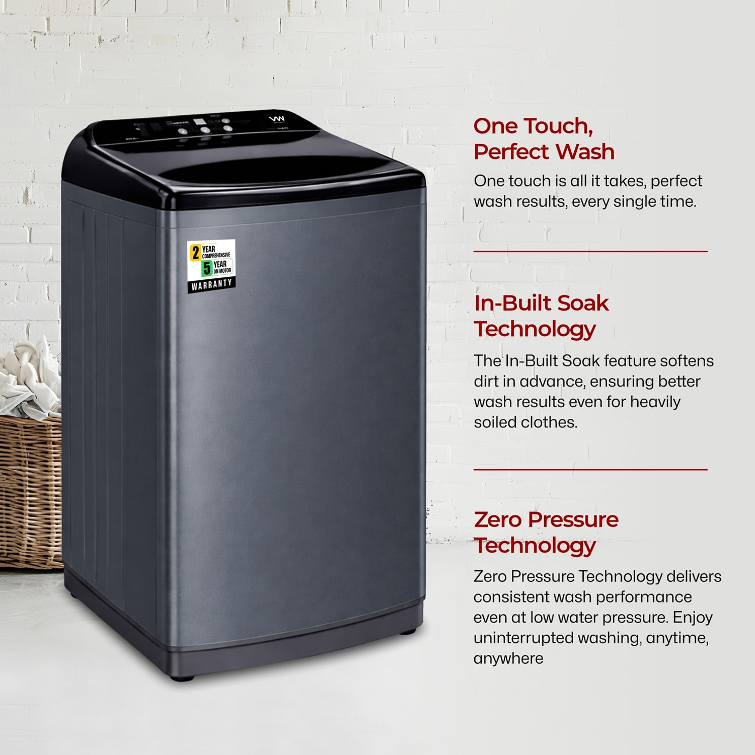 Image of VW 10 kg Fully Automatic Top Load Washing Machine with In-built Heater Black, Grey