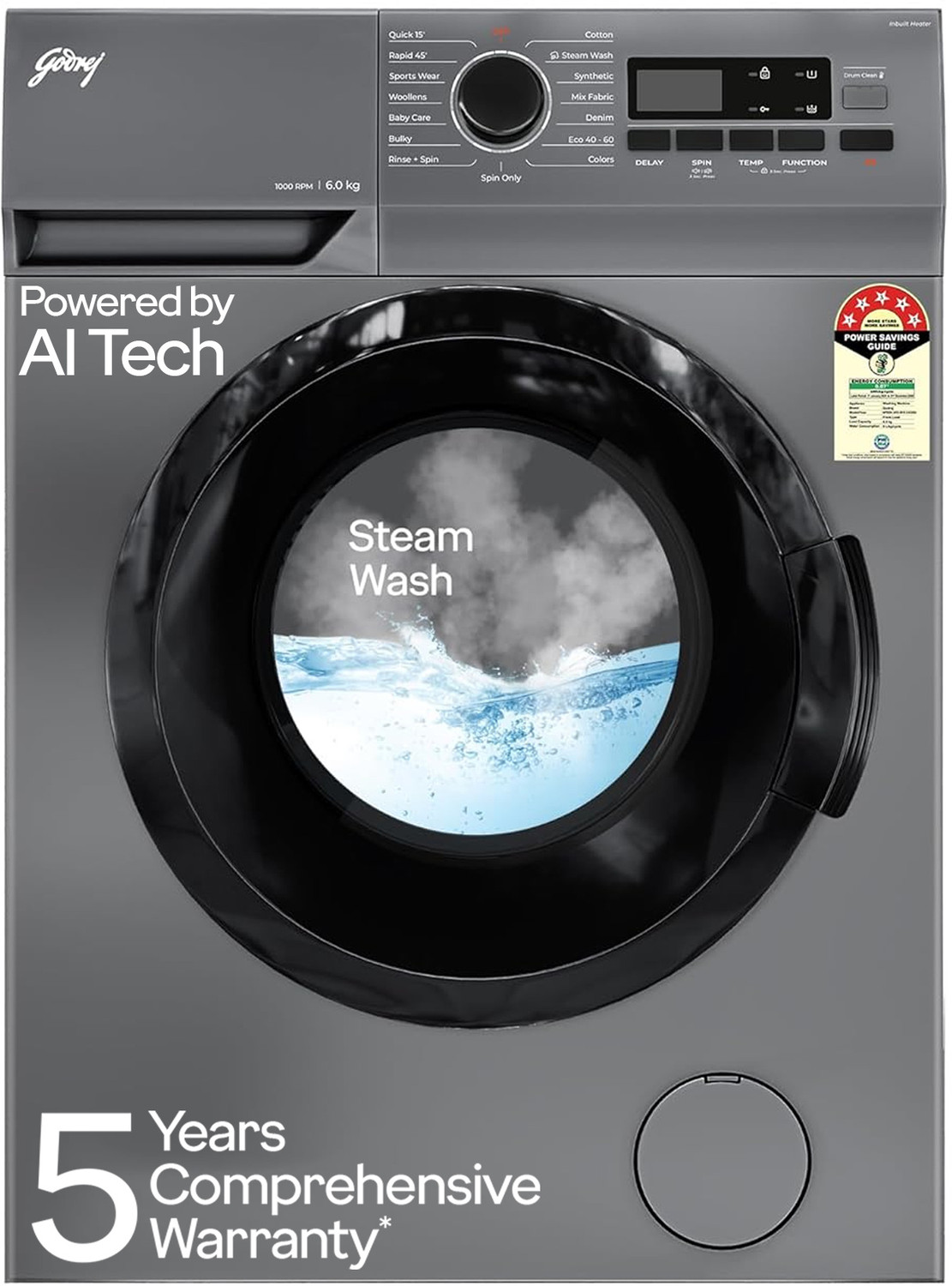 Image of Godrej 6 kg 5 Star, AI Tech, Steam Wash Fully Automatic Front Load Washing Machine with In-built Heater Grey