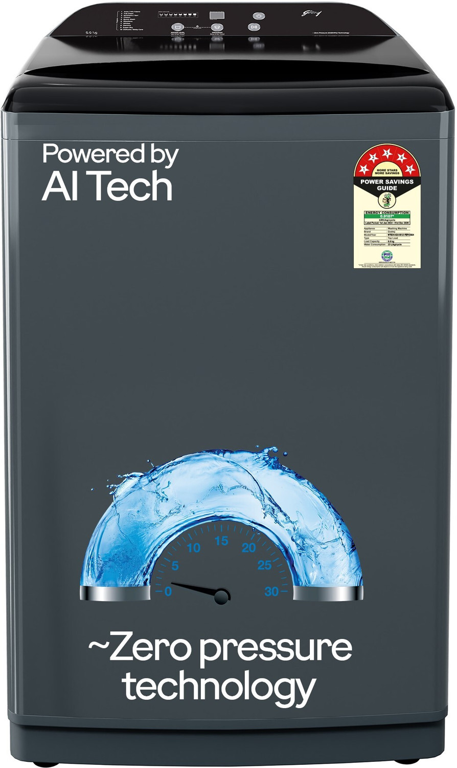 Image of Godrej 8 kg With AI Tech And Zero Pressure (0.02 MPa) Technology With Steel Drum Fully Automatic Top Load Washing Machine Grey, Black
