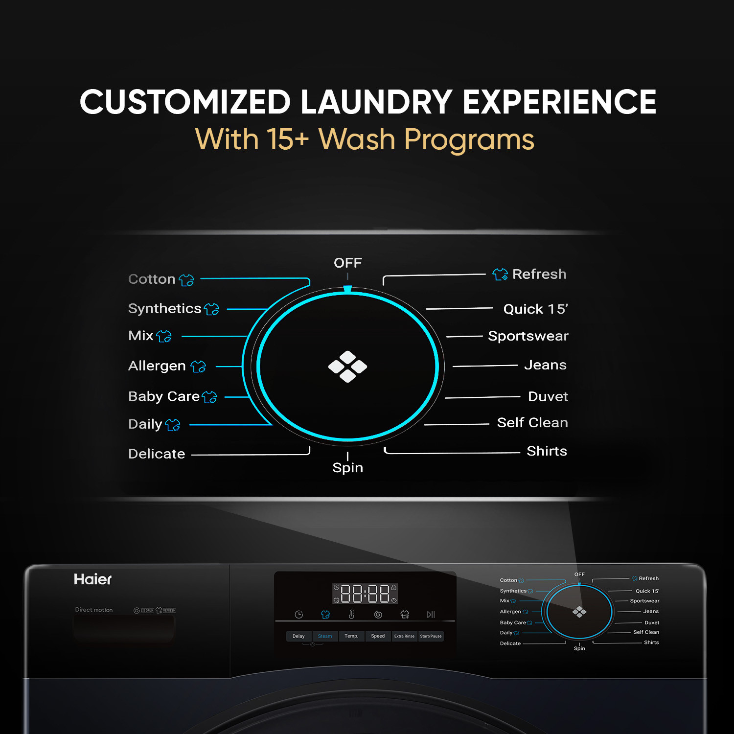 Image of Haier 8 kg AI Smart Wash (AI-DBT) , PuriSteam , 525mm Super Drum Fully Automatic Front Load Washing Machine Black
