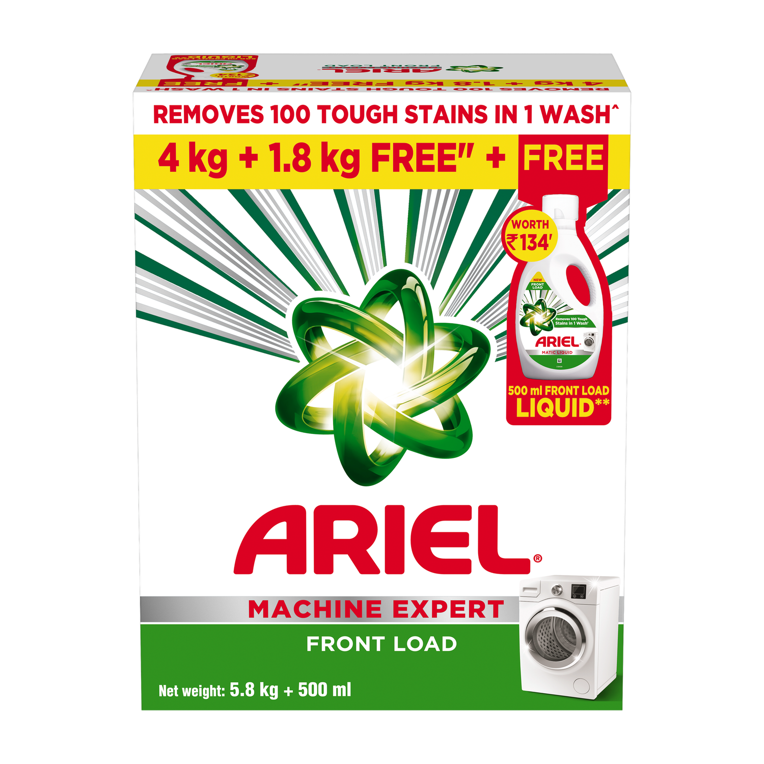 Ariel Matic Detergent Powder Front Load - 5.8kg+500ml Liquid free Detergent Powder (Fresh Fragrance)