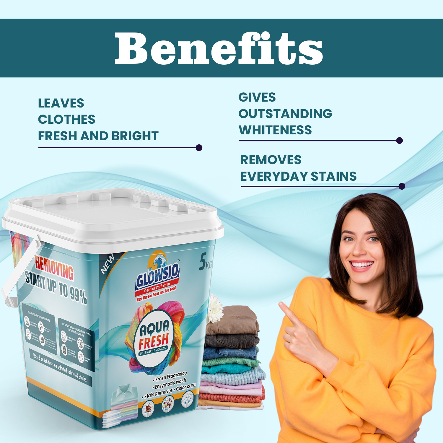 Image of GLOWSIO WHITE Detergent Powder 5 Kg | Dissolves Easily, Color Safe Detergent Powder (Active Fresh) (5 kg)