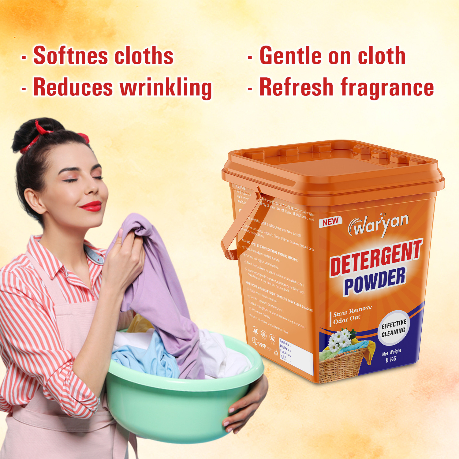 Image of WARYAN Quick Dissolution Remove Tough Dried Stain Orange-Effective Cleaning Detergent Powder (Fresh)