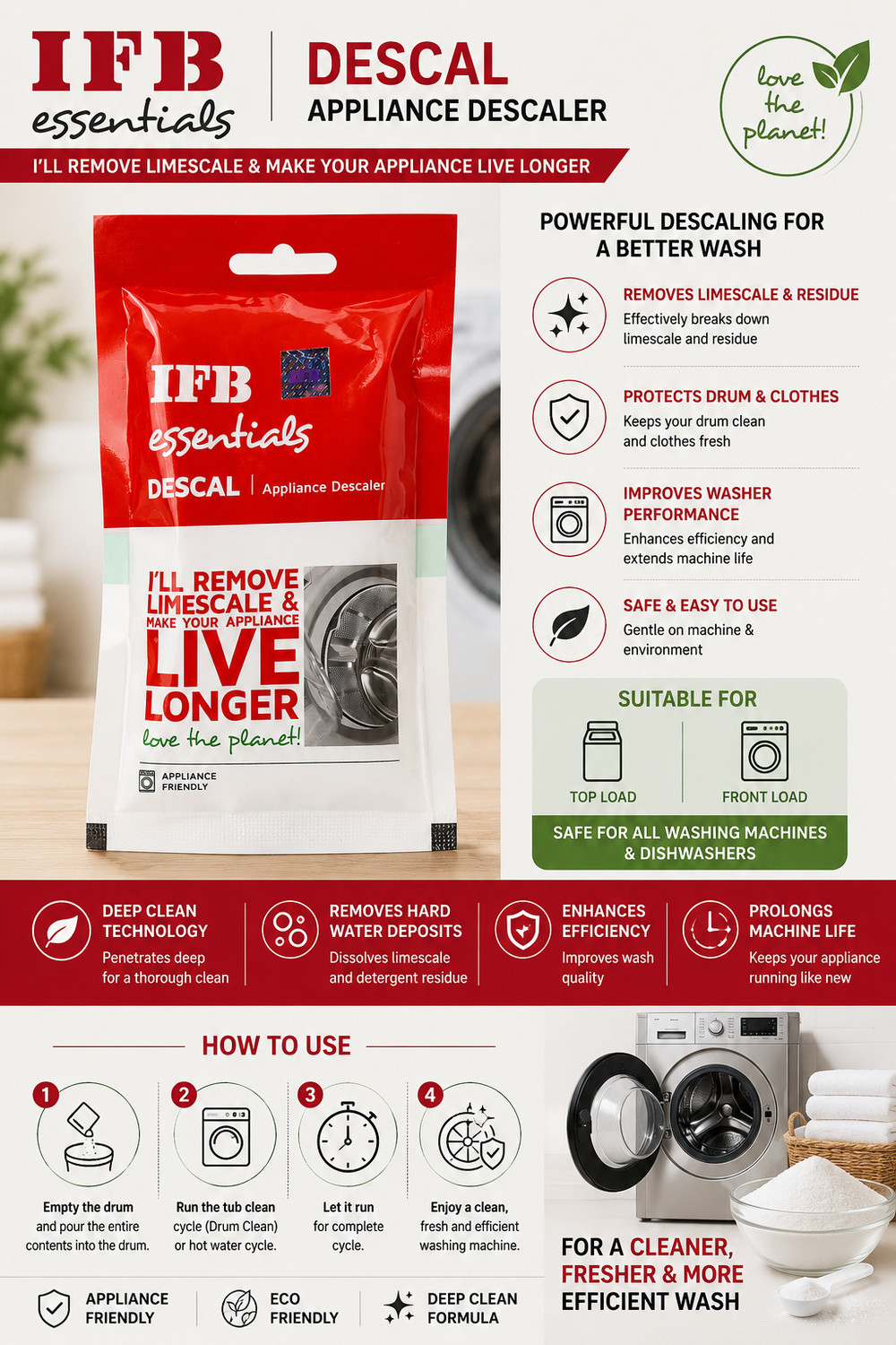 Image of IFB Washing Machine Descaler Powder for Deep Drum Cleaning and Limescale Removal Detergent Powder (N /A)