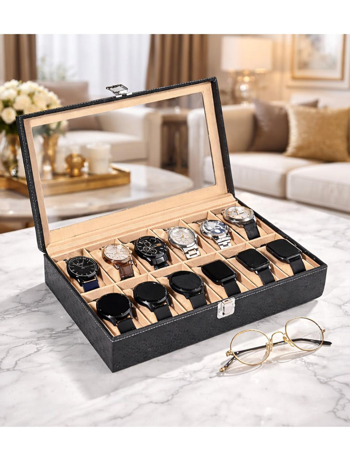 Image of ZIDNI Premium Faux Leather Watch Storage Box Organizer | Watch Box /Case /Holder Watch Box (BLACK & BEIGE, Holds 12 Watches)