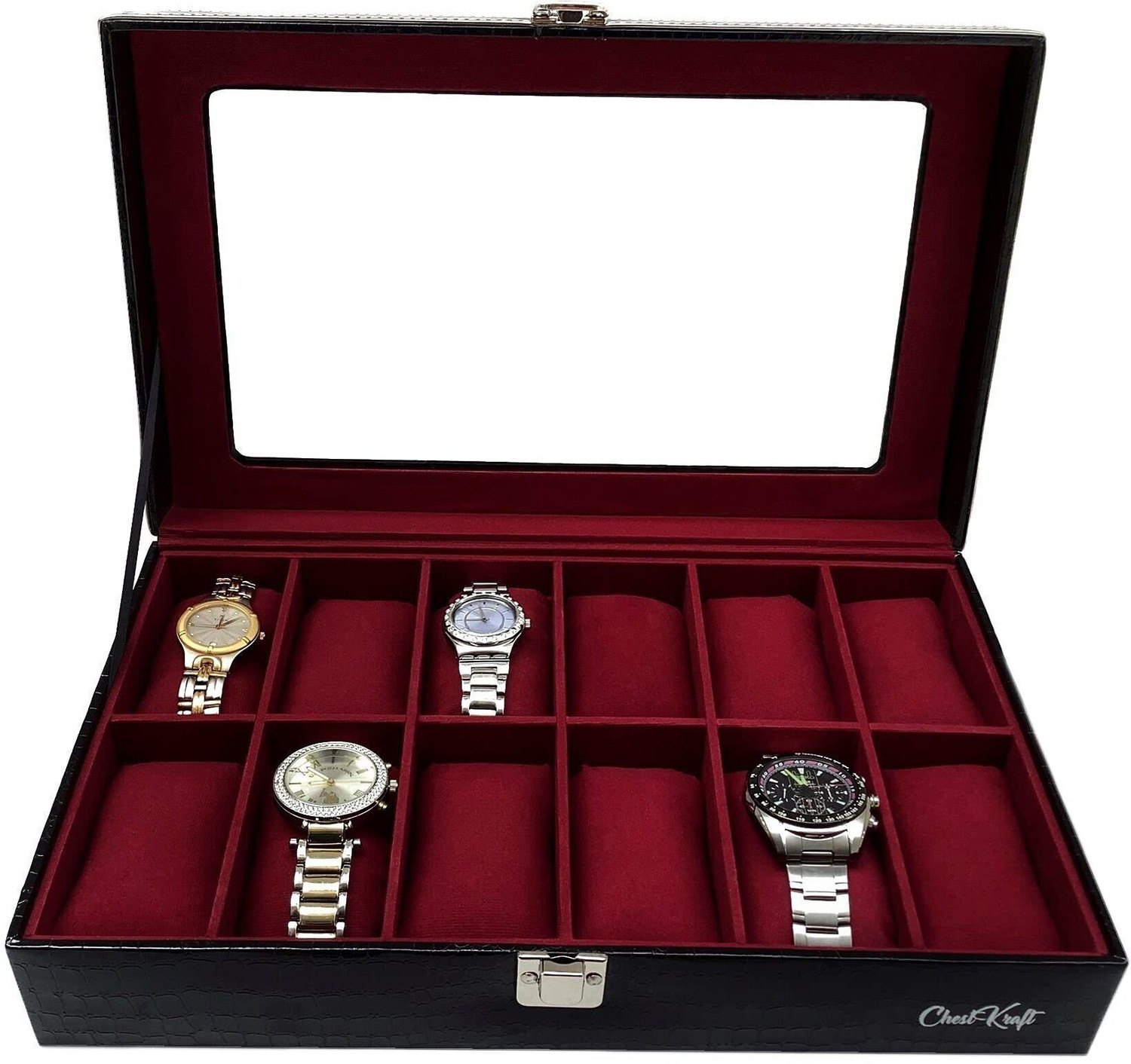 Image of ChestKraft inchBlack Pearl With Wine Blaze inch12 Slot Watch Box Organizer with Transparent top , Gloss Black with contrast Wine Suede Watch Box