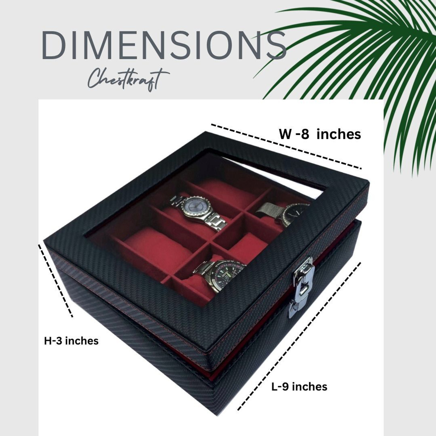 Image of ChestKraft WB -8 Slots Luxury Watch Box In Leatherette And Suede, Transparent top and Front Latch Watch Box