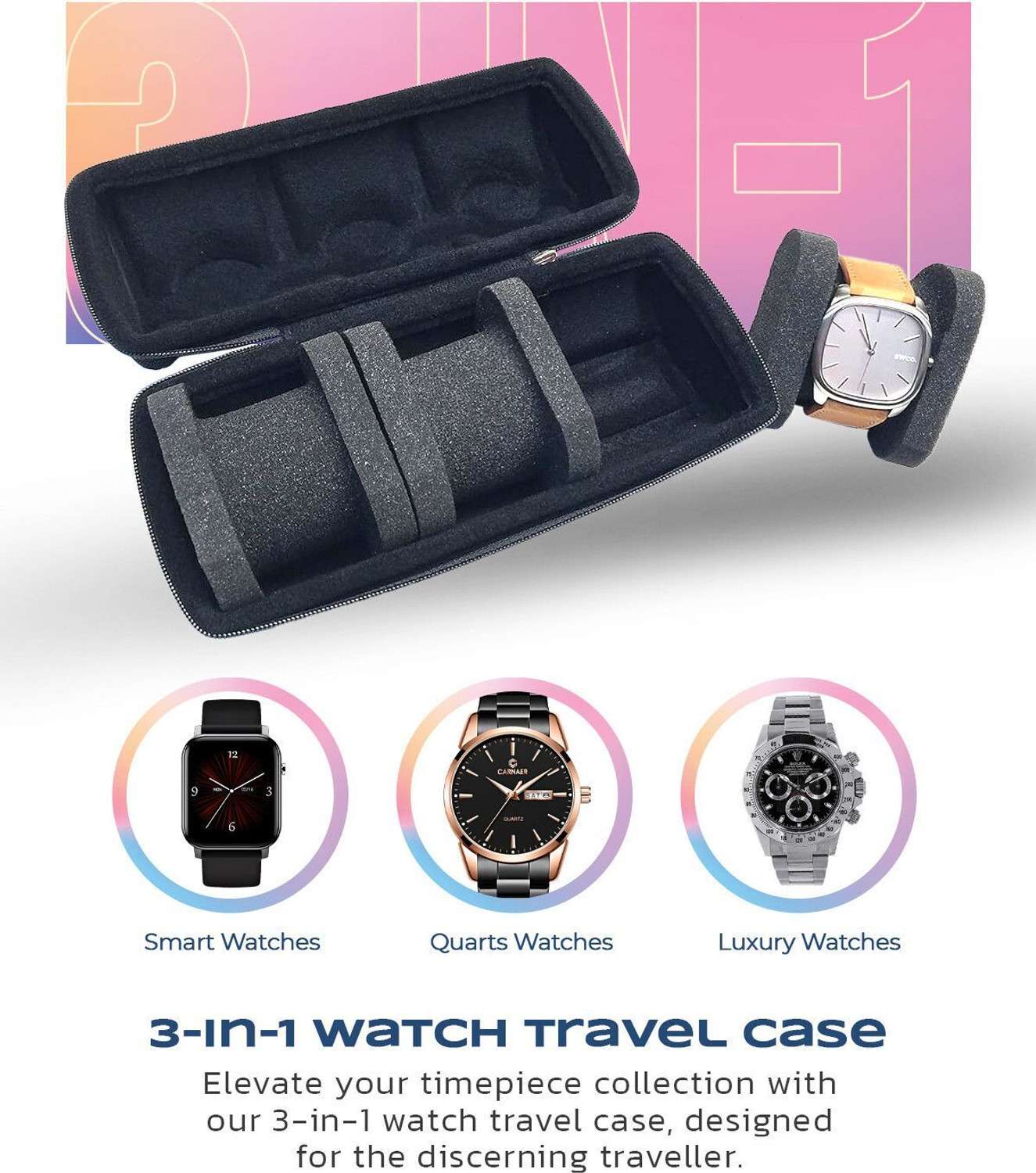 Image of RAEGR 3 Slots Watch Travel Case for Men and Women Portable Watch Storage Watch Box