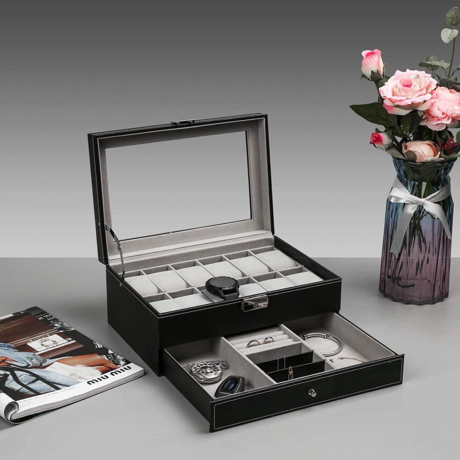 Image of BUCKETLIST 12 Slot Watch Storage Boxes 2-Tier PU Leather Organizer Watch Showcase Watch Box