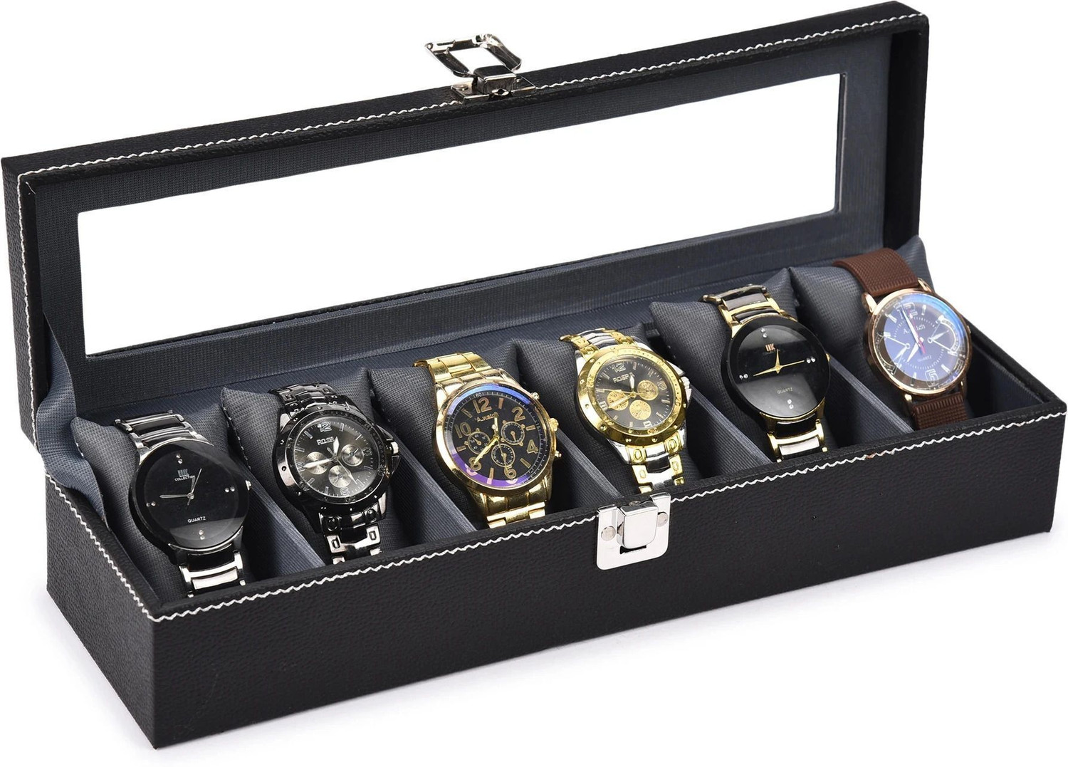 Image of STORESHINE Men's and Women's Watch Case in Black color(6 Compartments) Watch Box
