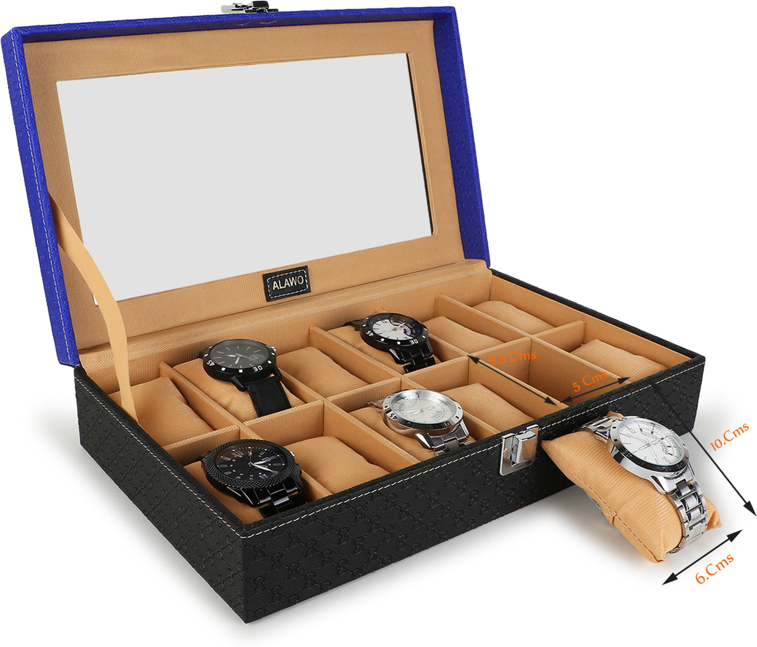 Image of ALAWO Watch Box Organizer Case 12 slots of Watches in Transparent Display PU Leather Watch Box