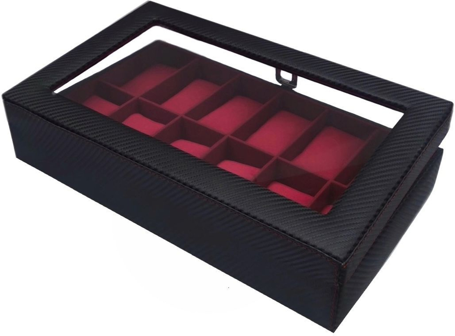 Image of ChestKraft inchBlack Pearl With Wine Blaze inch12 Slot Watch Box Organizer with Transparent top , Gloss Black with contrast Wine Suede Watch Box
