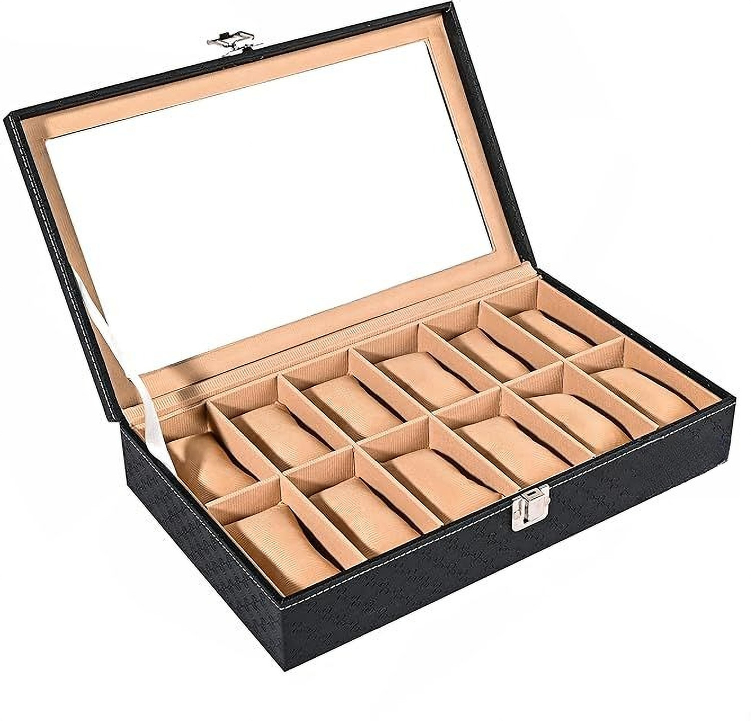 Image of ZIDNI Premium Faux Leather Watch Storage Box Organizer | Watch Box /Case /Holder Watch Box (BLACK & BEIGE, Holds 12 Watches)