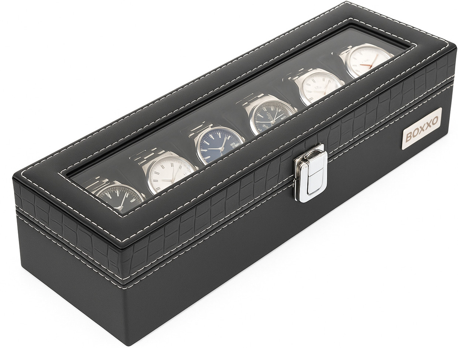 Image of BOXXO Premium 6 Watch Organizer Box - Black, PU Leather Display & Storage Watch Box