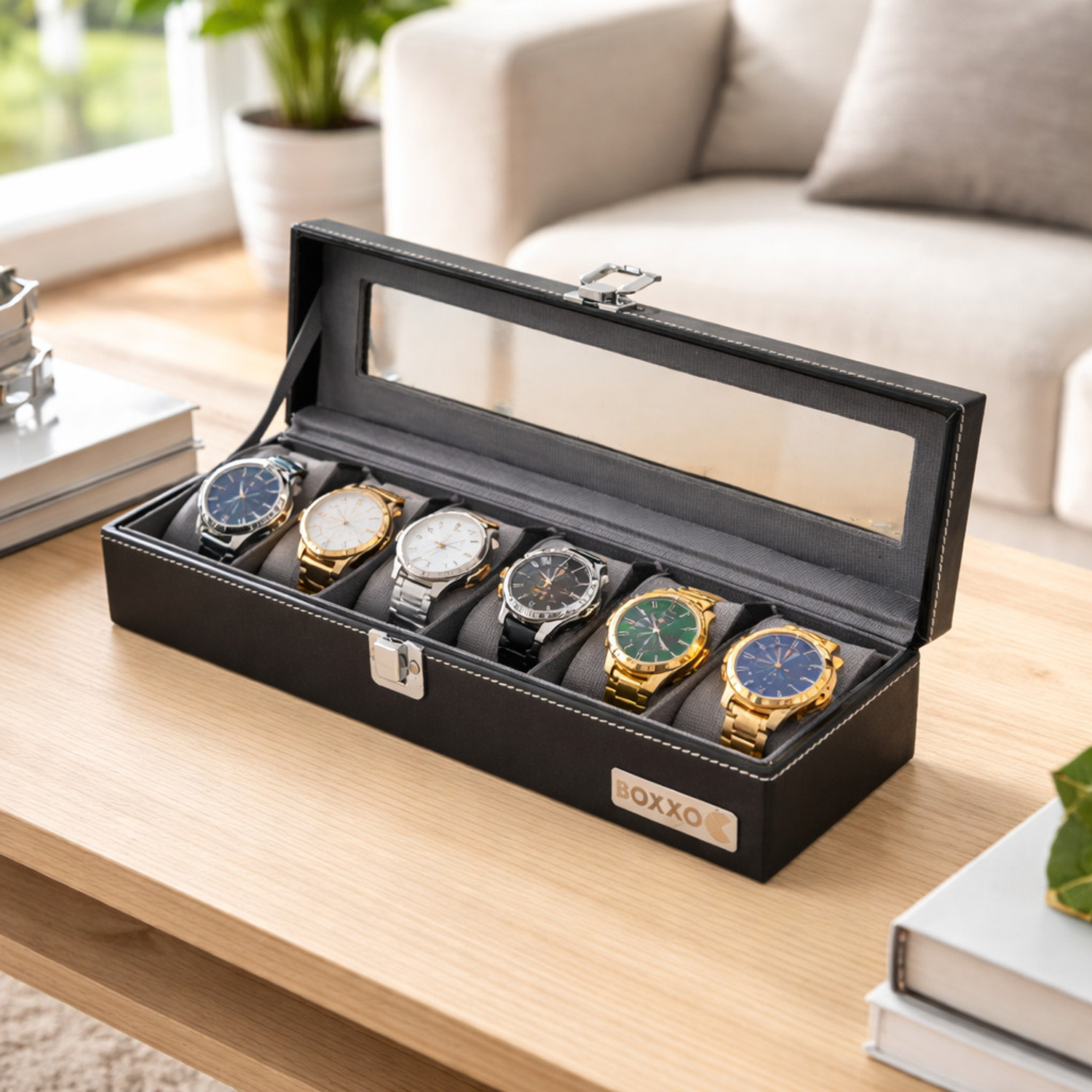 Image of BOXXO Premium 6 Watch Organizer Box - Black, PU Leather Display & Storage Watch Box