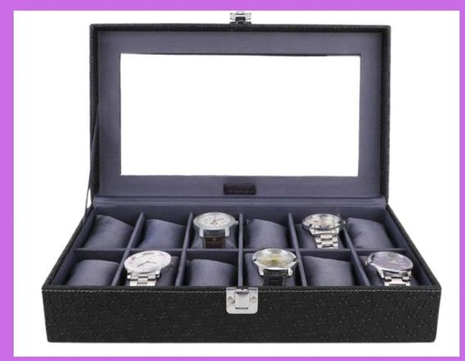 Image of WristVault Watch Box Organizer Case 12 slots Watches in Transparent Display PU Leather Watch Box