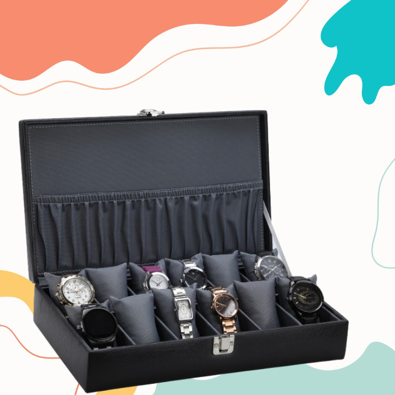 Image of SHOPLX Special Men's and Women's Watch Box Holder Organizer Case in Black color Watch Box (PLAN BLACK, GRAY, Holds 12 Watches)
