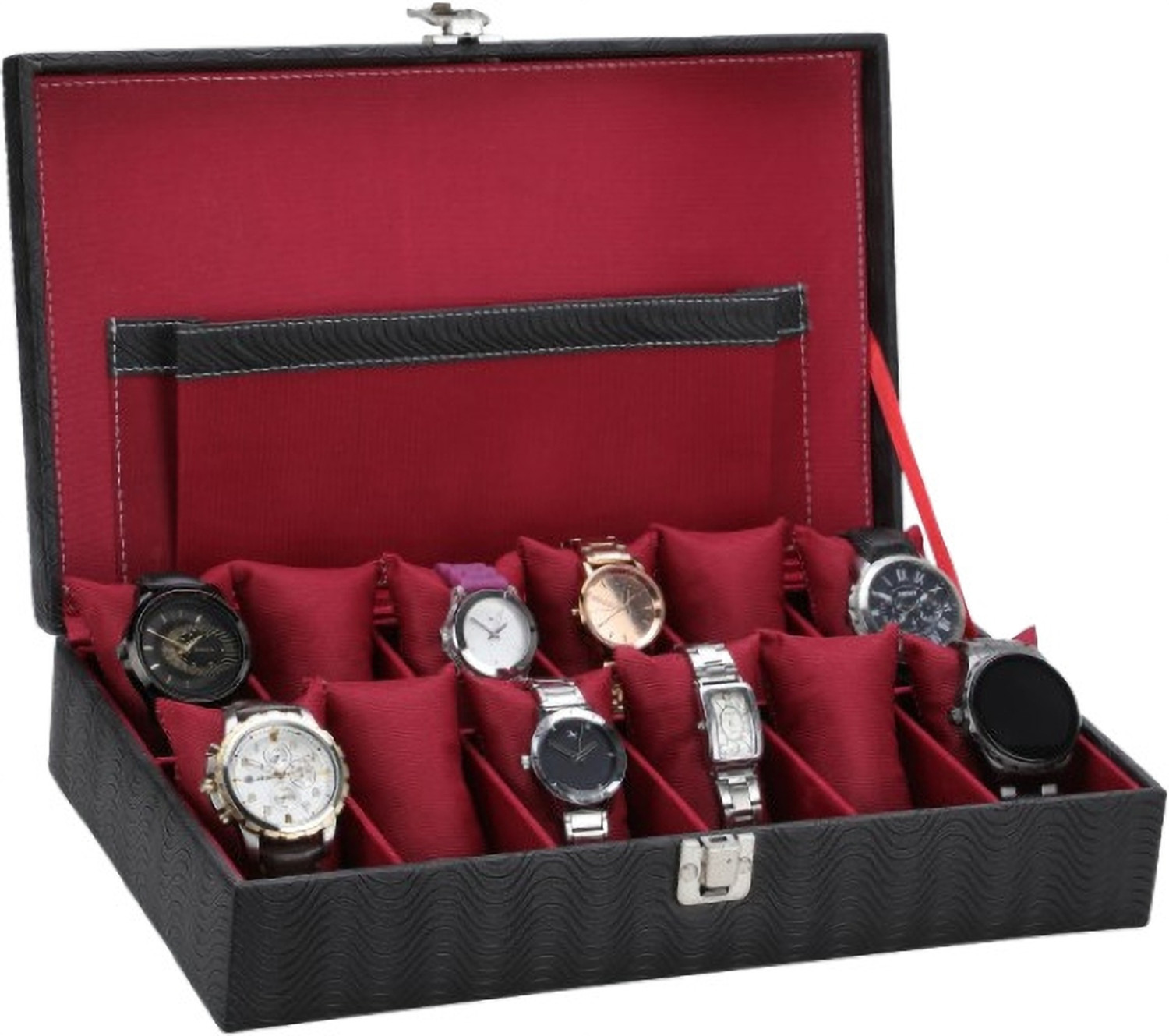 Image of SHOPLX New Men's and Women's Watch Box Holder Organizer Case in Black color Watch Box (Black, Red, Holds 12 Watches)