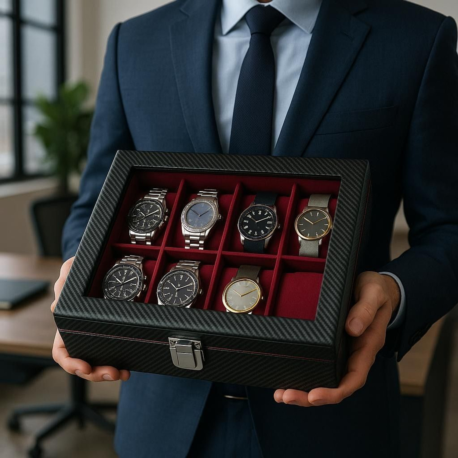 Image of ChestKraft WB -8 Slots Luxury Watch Box In Leatherette And Suede, Transparent top and Front Latch Watch Box