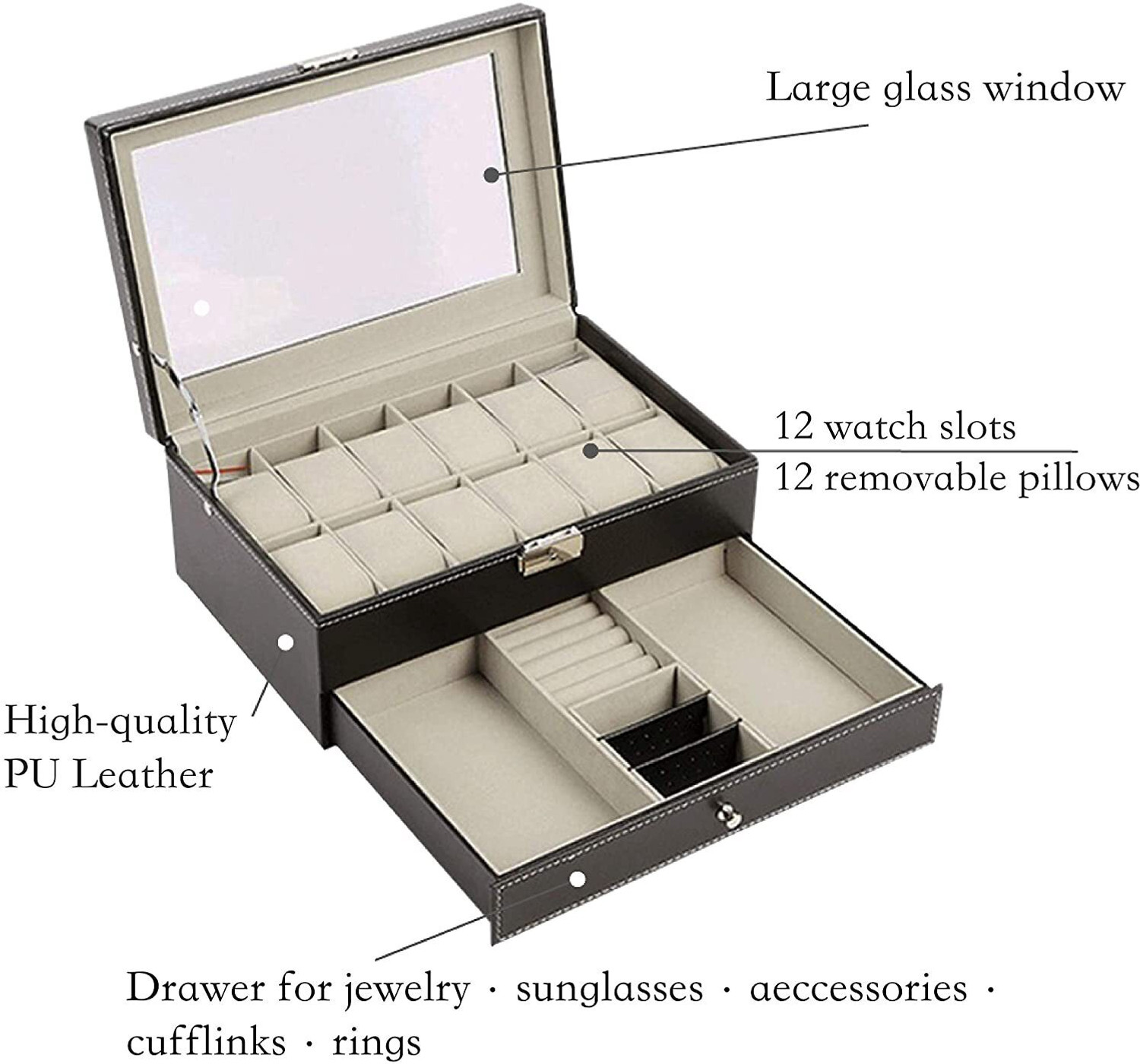 Image of BUCKETLIST 12 Slot Watch Storage Boxes 2-Tier PU Leather Organizer Watch Showcase Watch Box