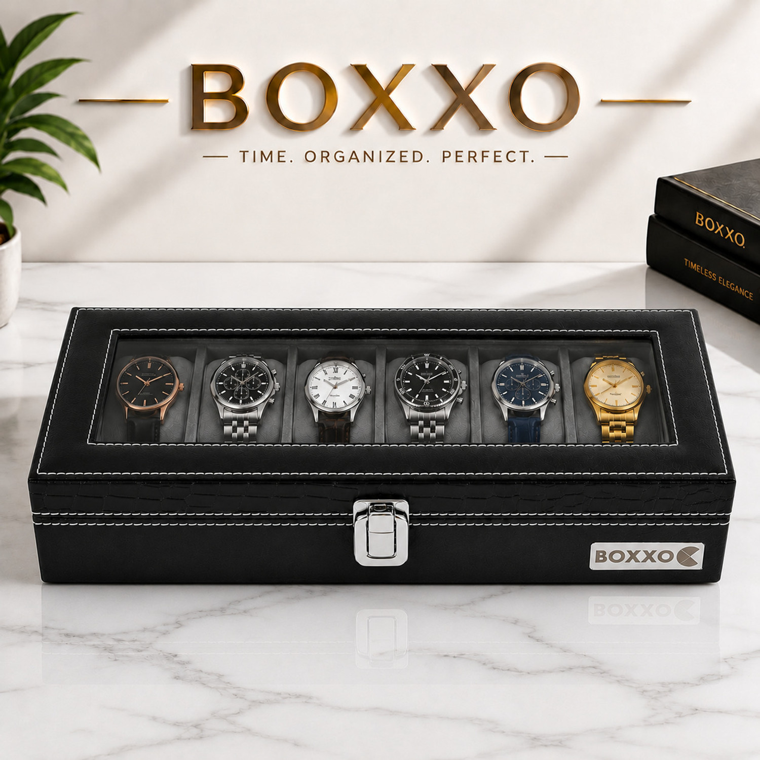 Image of BOXXO Premium 6 Watch Organizer Box - Black, PU Leather Display & Storage Watch Box