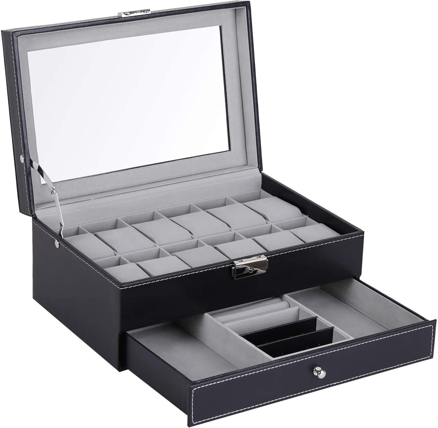 Image of BUCKETLIST 12 Slot Watch Storage Boxes 2-Tier PU Leather Organizer Watch Showcase Watch Box