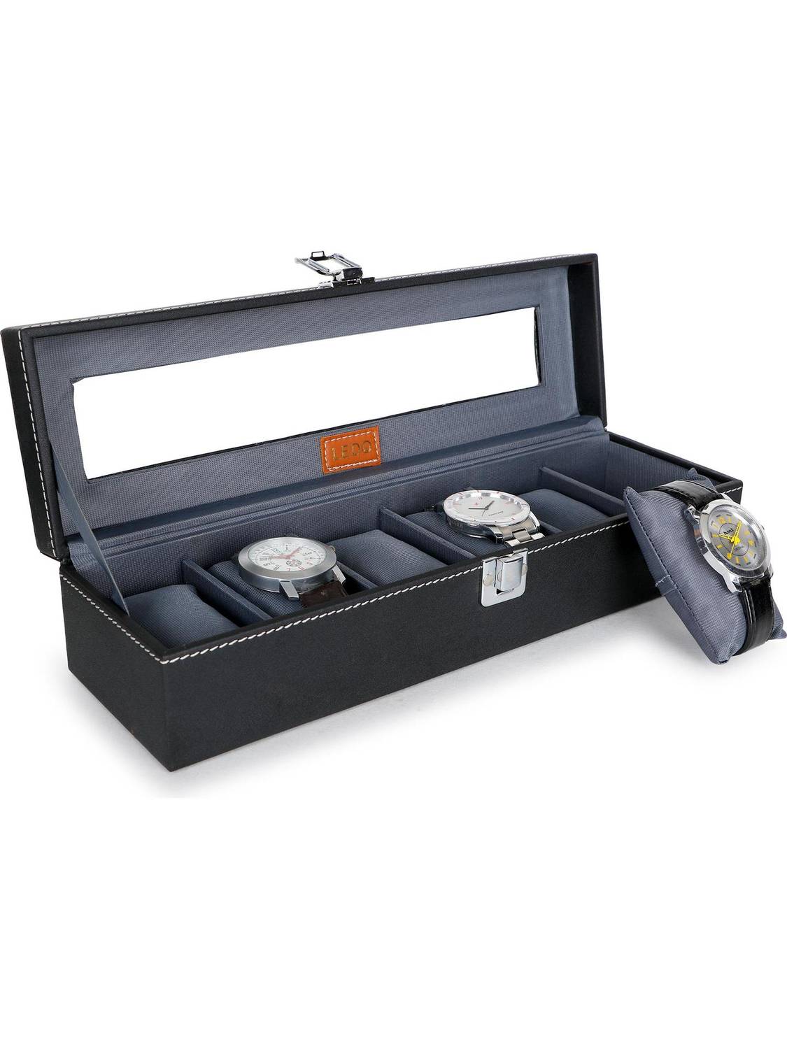 LEDO Watch Box Holder Case in 6 slots of Watches with Transparent Look Black&Gray Watch Box