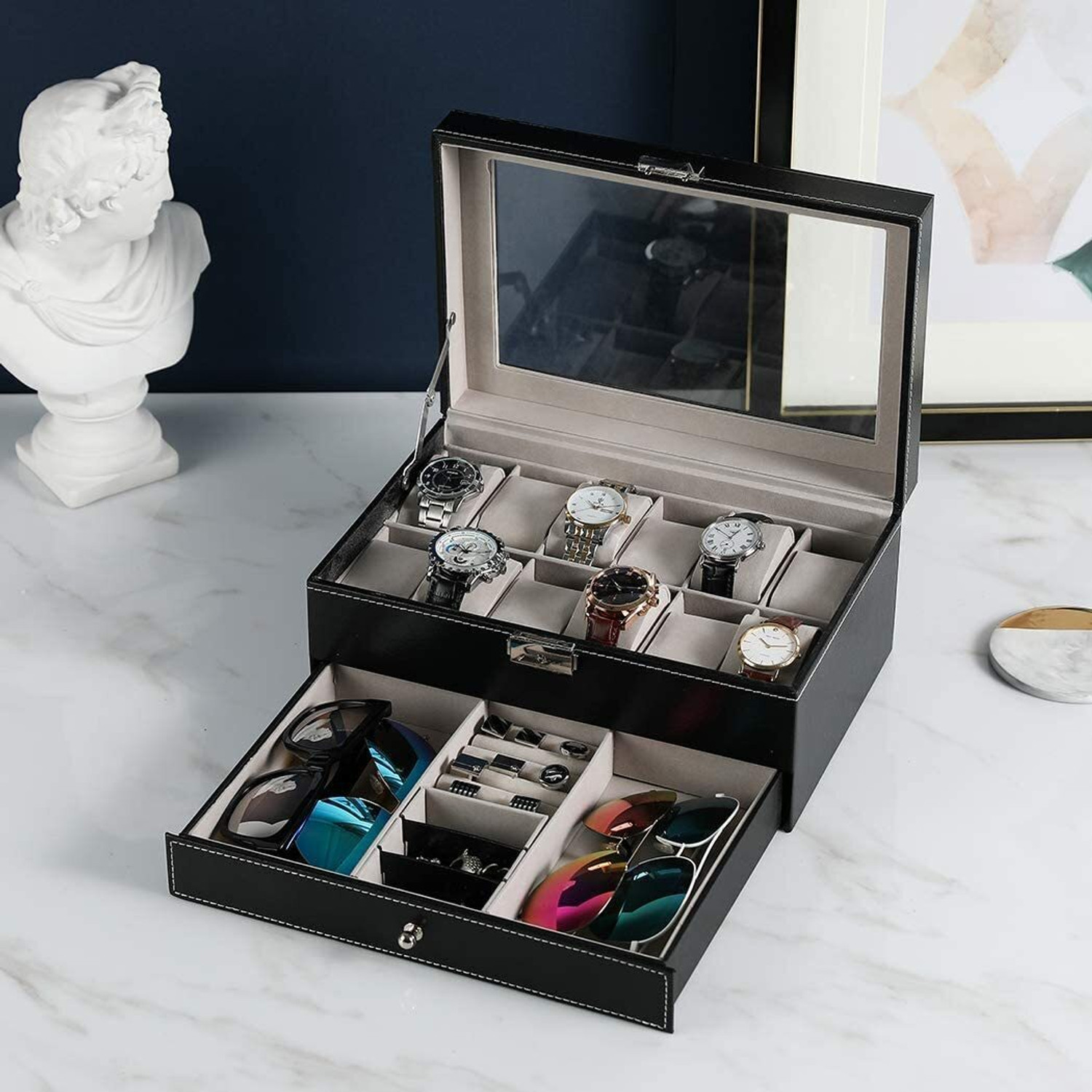 Image of BUCKETLIST 12 Slot Watch Storage Boxes 2-Tier PU Leather Organizer Watch Showcase Watch Box