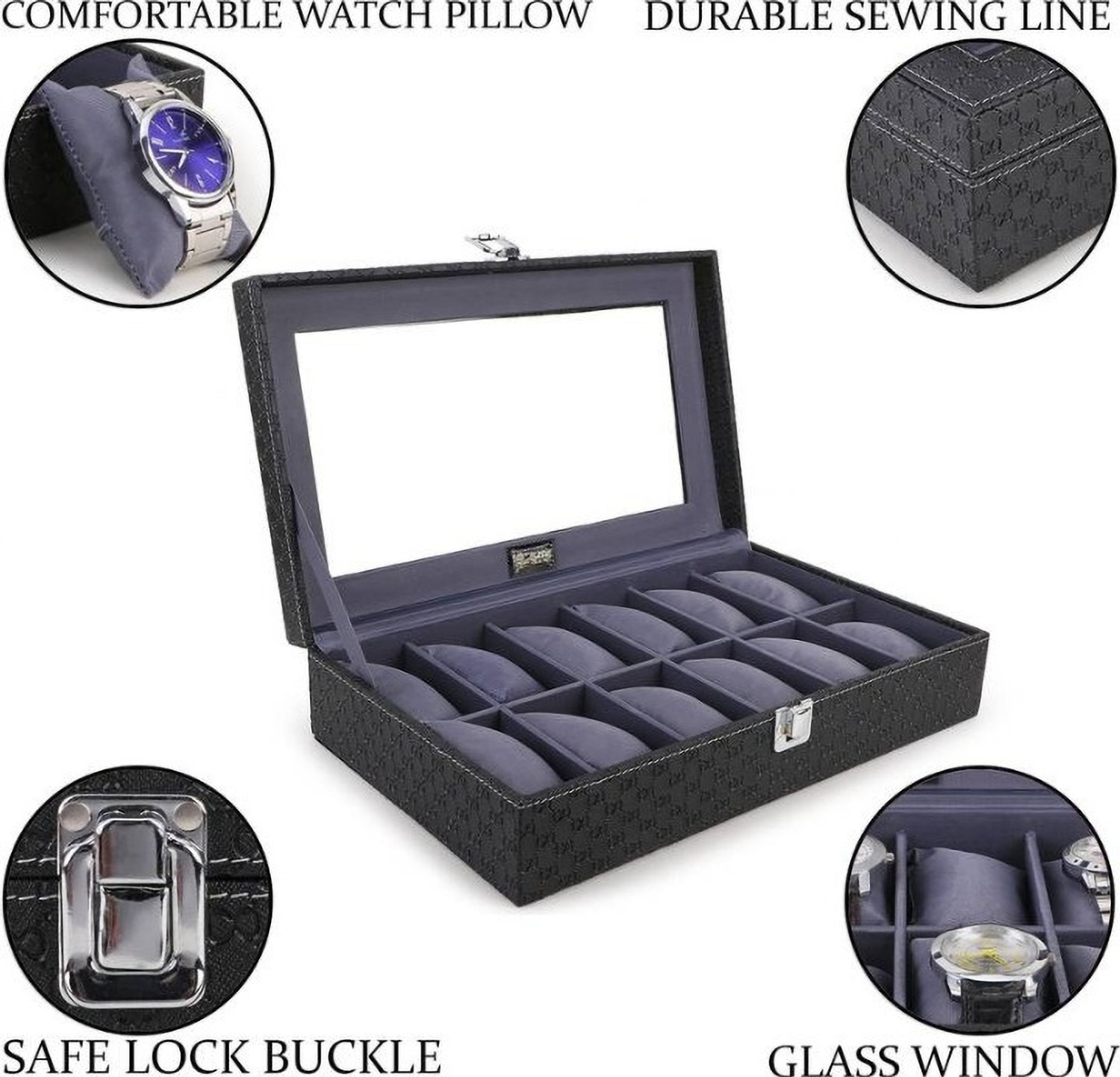 Image of WristVault Watch Box Organizer Case 12 slots Watches in Transparent Display PU Leather Watch Box