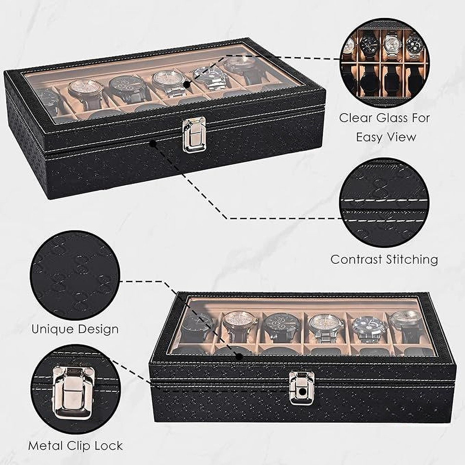 Image of ZIDNI Premium Faux Leather Watch Storage Box Organizer | Watch Box /Case /Holder Watch Box (BLACK & BEIGE, Holds 12 Watches)