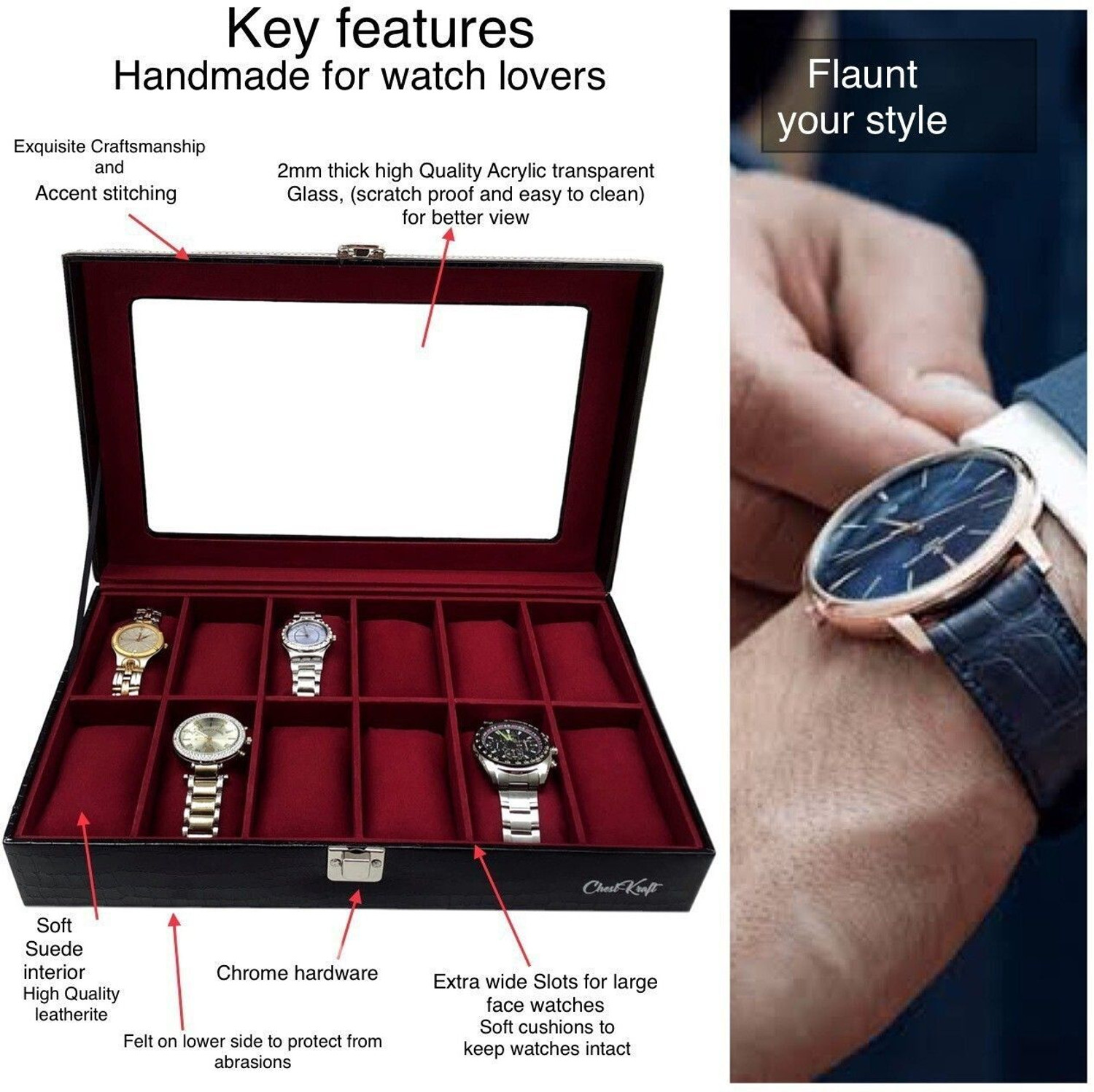 Image of ChestKraft inchBlack Pearl With Wine Blaze inch12 Slot Watch Box Organizer with Transparent top , Gloss Black with contrast Wine Suede Watch Box