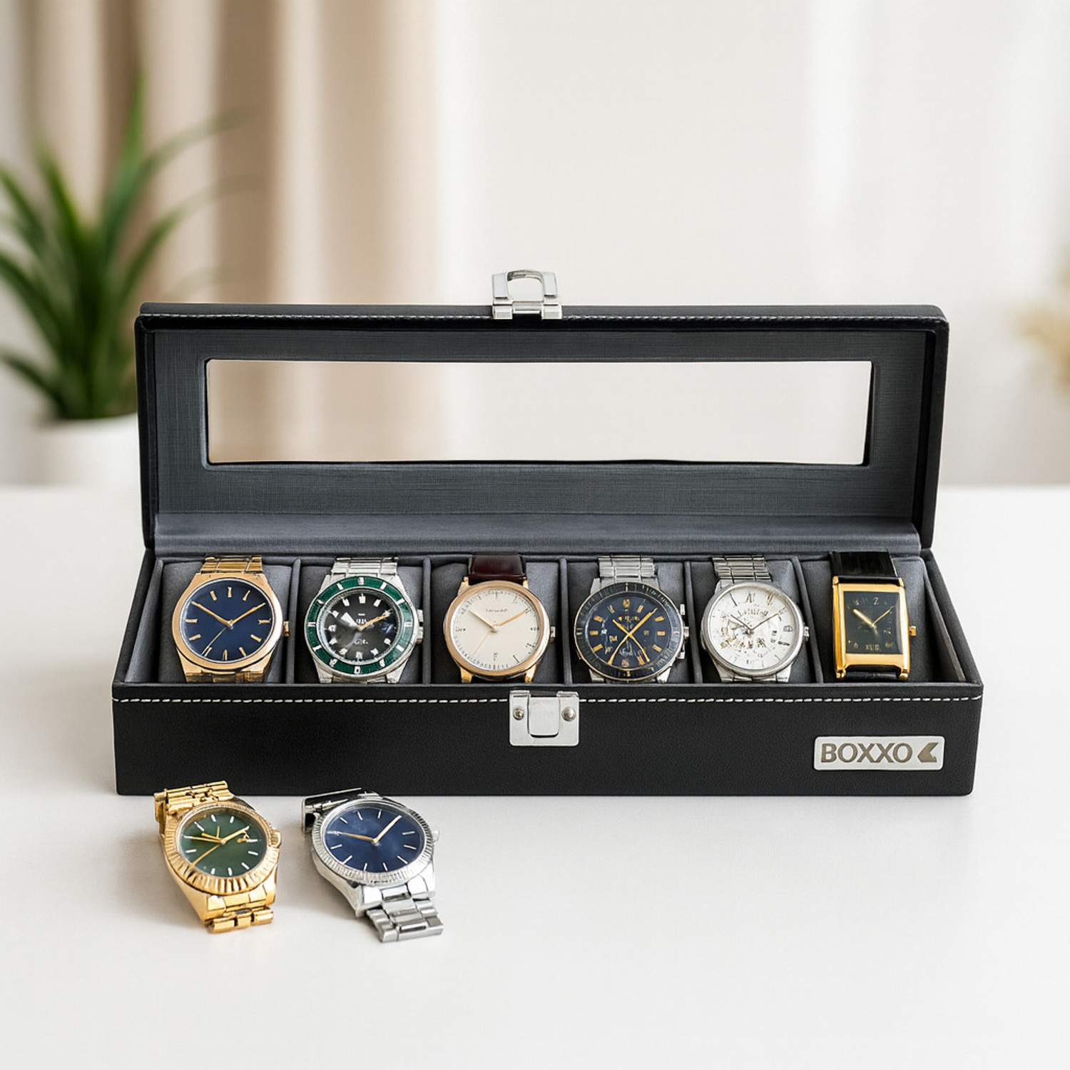 Image of BOXXO Premium 6 Watch Organizer Box - Black, PU Leather Display & Storage Watch Box