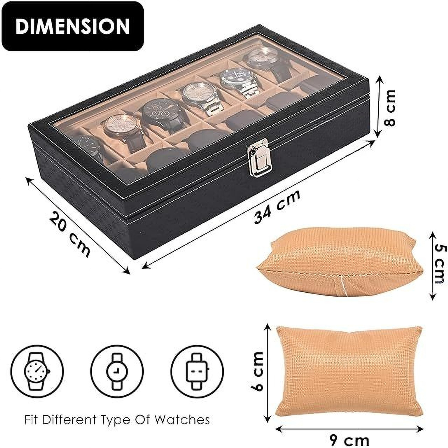 Image of ZIDNI Premium Faux Leather Watch Storage Box Organizer | Watch Box /Case /Holder Watch Box (BLACK & BEIGE, Holds 12 Watches)