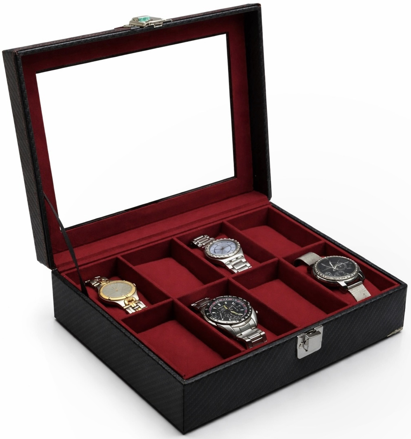 Image of ChestKraft WB -8 Slots Luxury Watch Box In Leatherette And Suede, Transparent top and Front Latch Watch Box