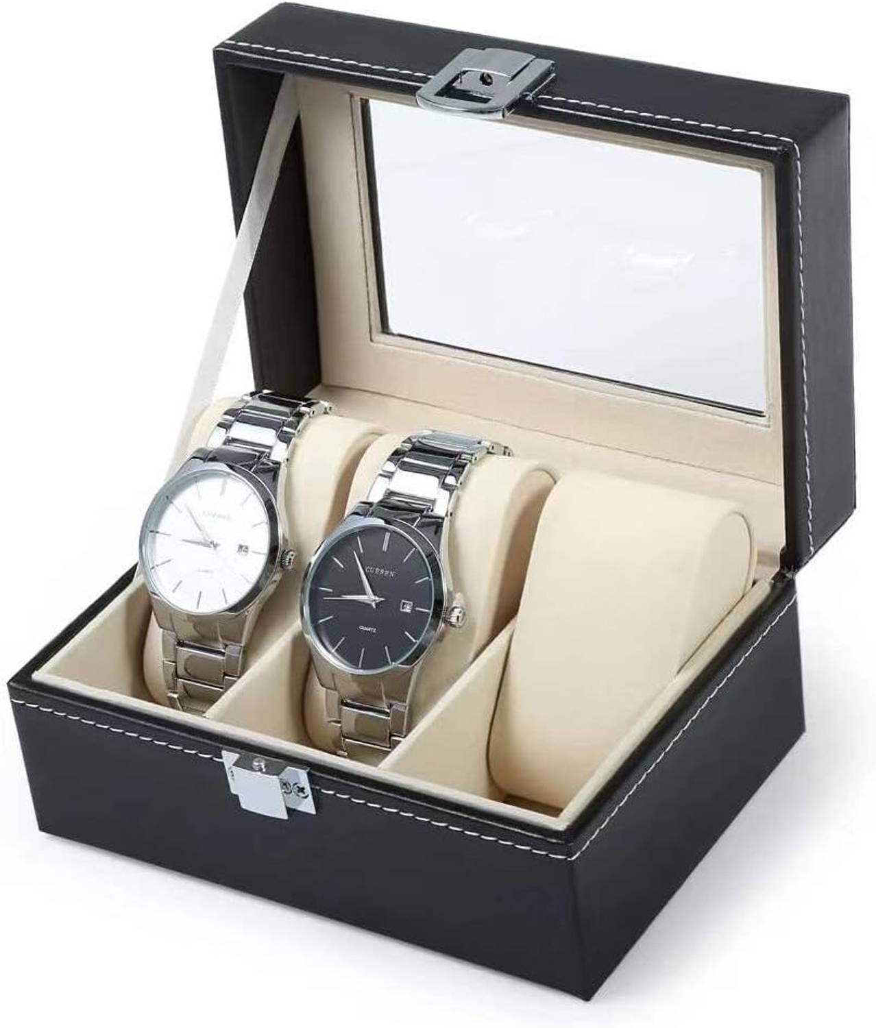 AweStuffs Watch Box for Men and Women, 3 Slot Watch Display Case Watch Box Organizer Watch Box