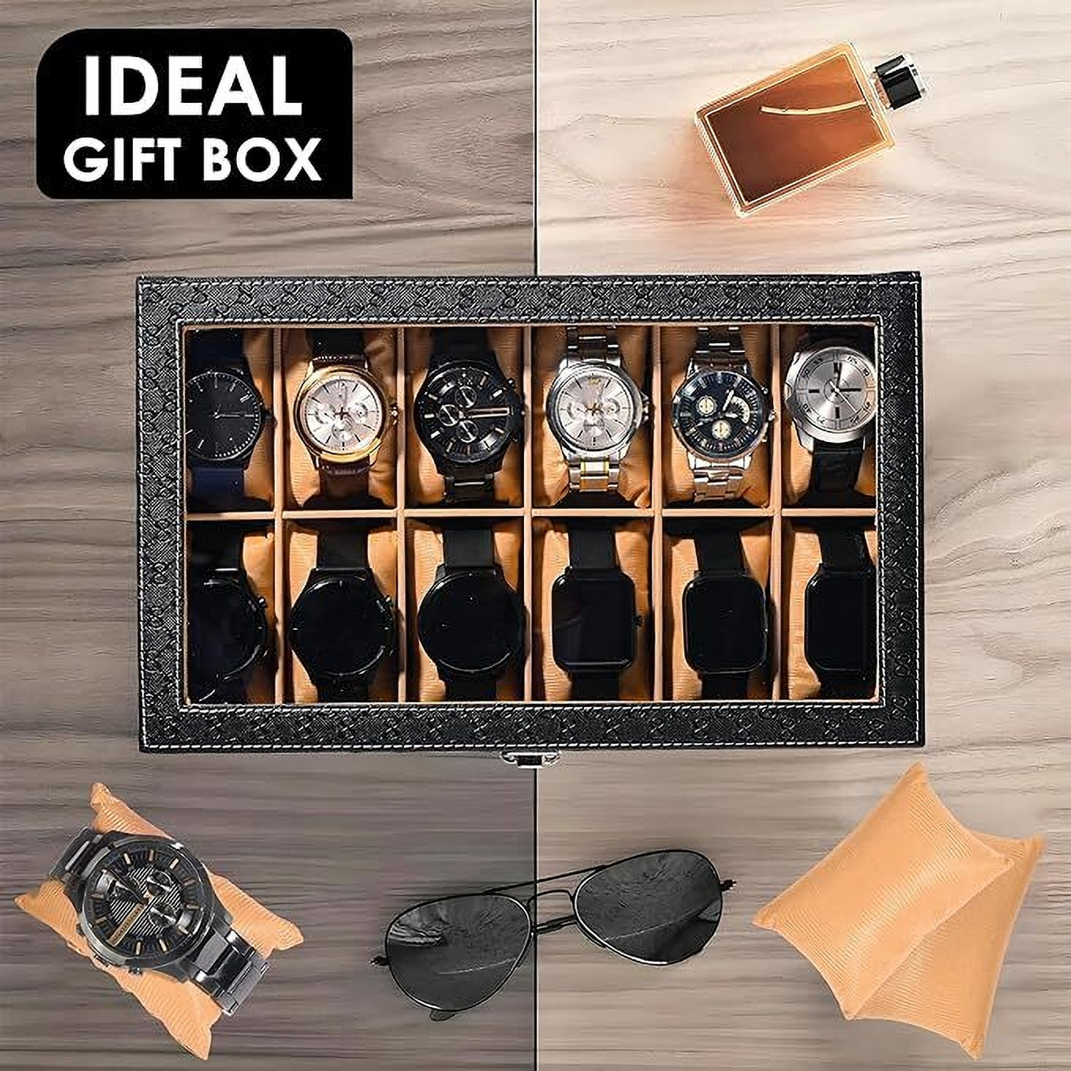 Image of ZIDNI Premium Faux Leather Watch Storage Box Organizer | Watch Box /Case /Holder Watch Box (BLACK & BEIGE, Holds 12 Watches)