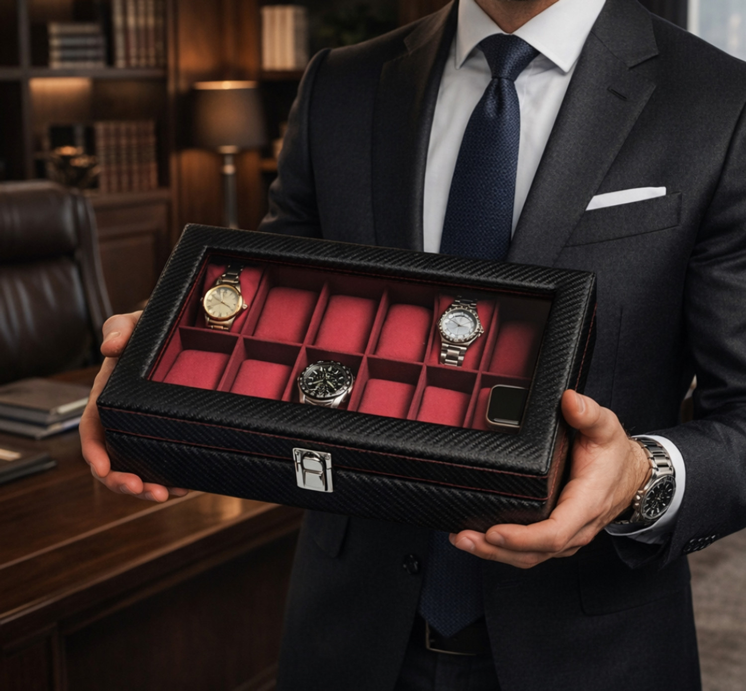 Image of ChestKraft inchBlack Pearl With Wine Blaze inch12 Slot Watch Box Organizer with Transparent top , Gloss Black with contrast Wine Suede Watch Box