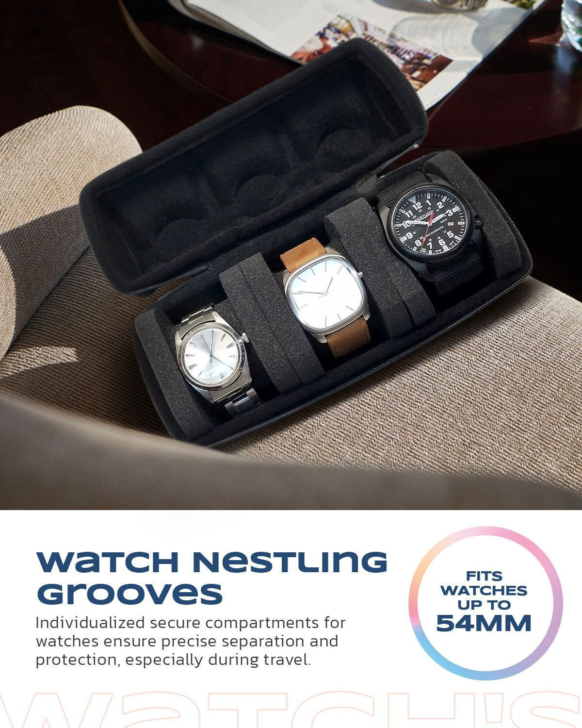 Image of RAEGR 3 Slots Watch Travel Case for Men and Women Portable Watch Storage Watch Box