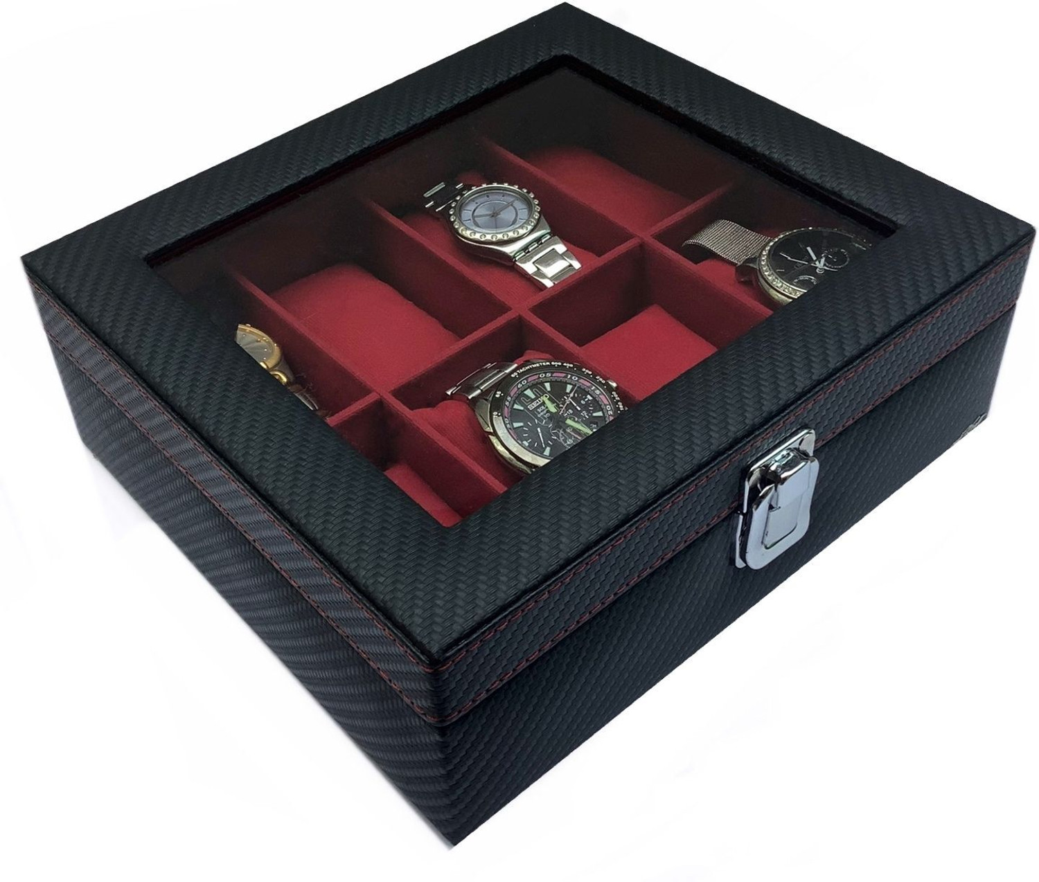 Image of ChestKraft WB -8 Slots Luxury Watch Box In Leatherette And Suede, Transparent top and Front Latch Watch Box