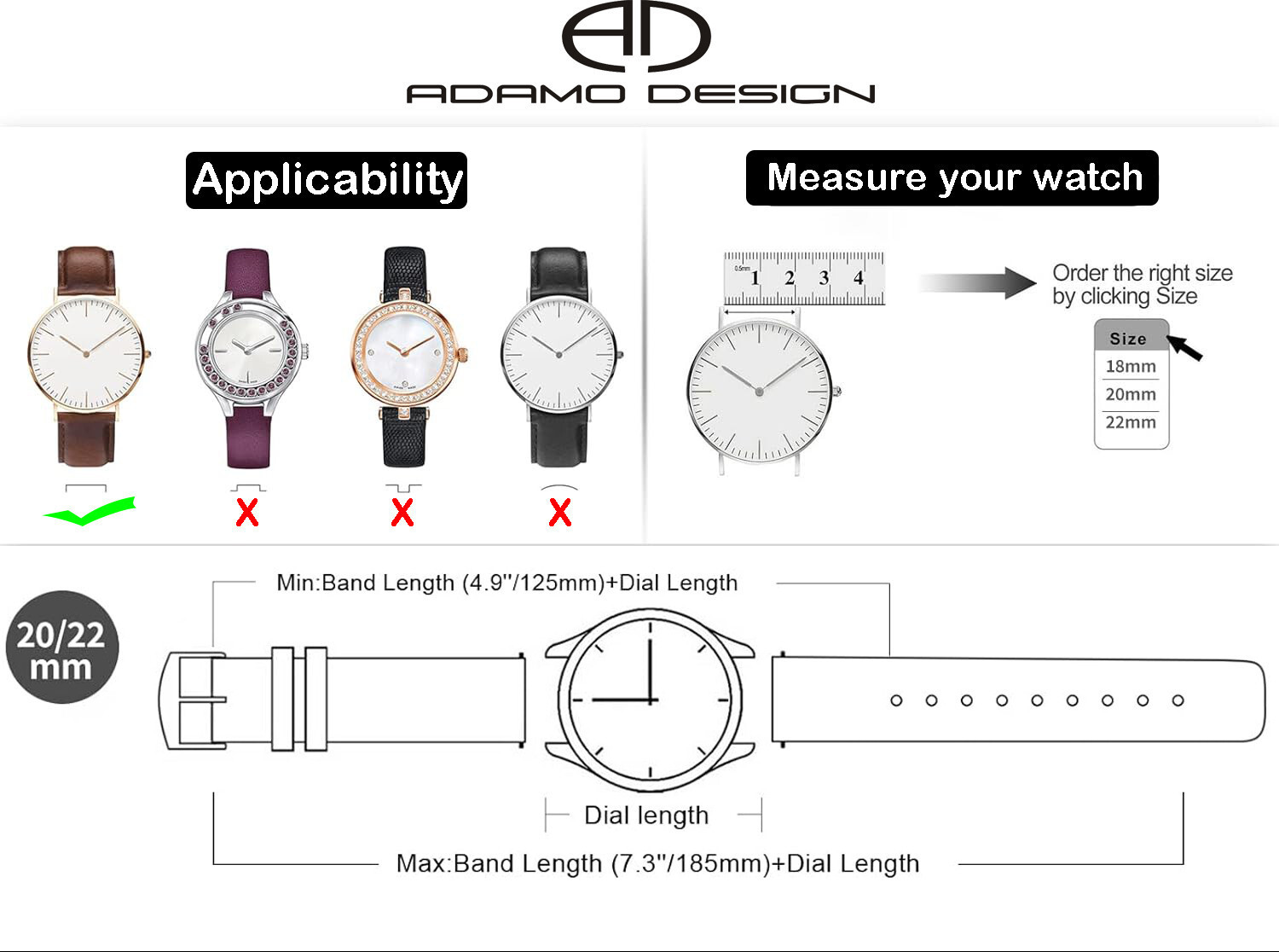 Image of ADAMO 22mm Leather Silicone Straps Compatible with Samsang Galaxy Watch 3 45mm 22 mm Genuine Leather Watch Strap