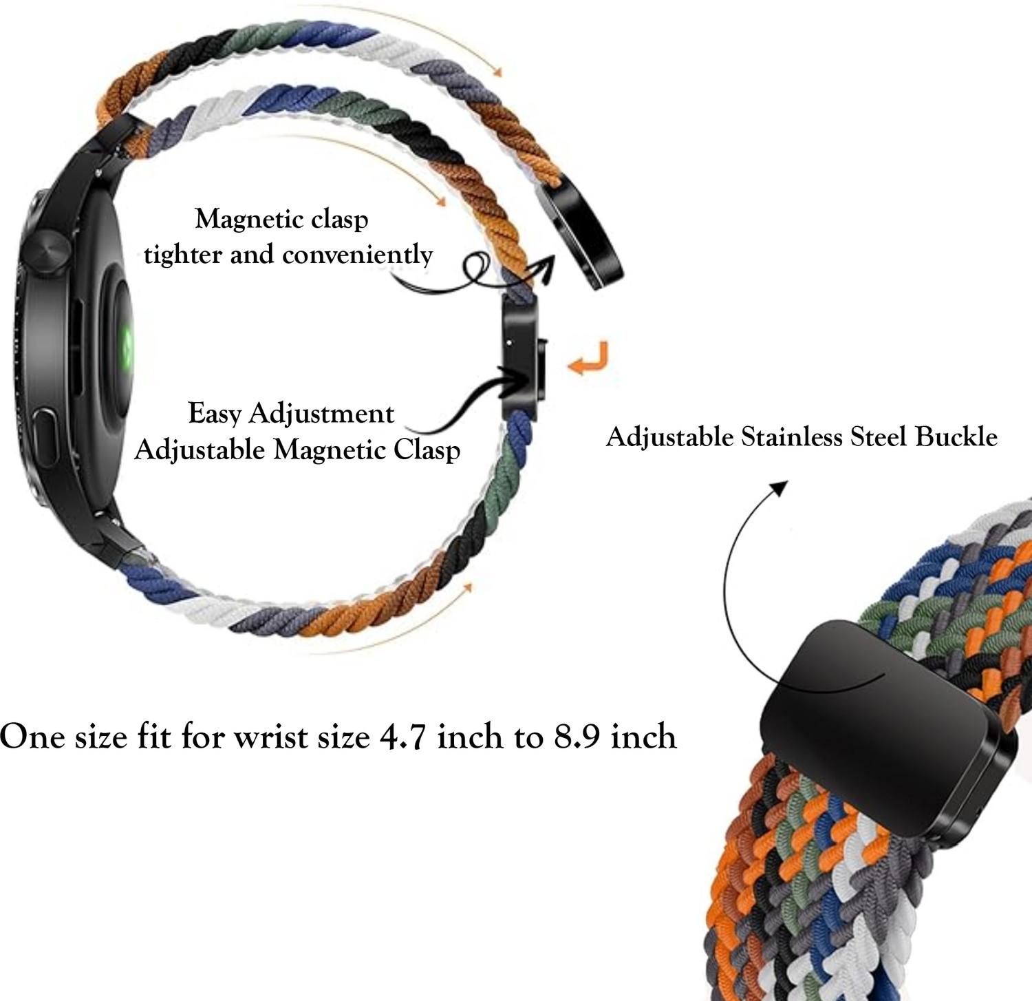 Image of ACM WSM26N40GY1704 Sliding 44mm 49mm Watch Strap Woven Braided Magnetic for Fire-Boltt Crest Smartwatch Grey Smart Watch Strap